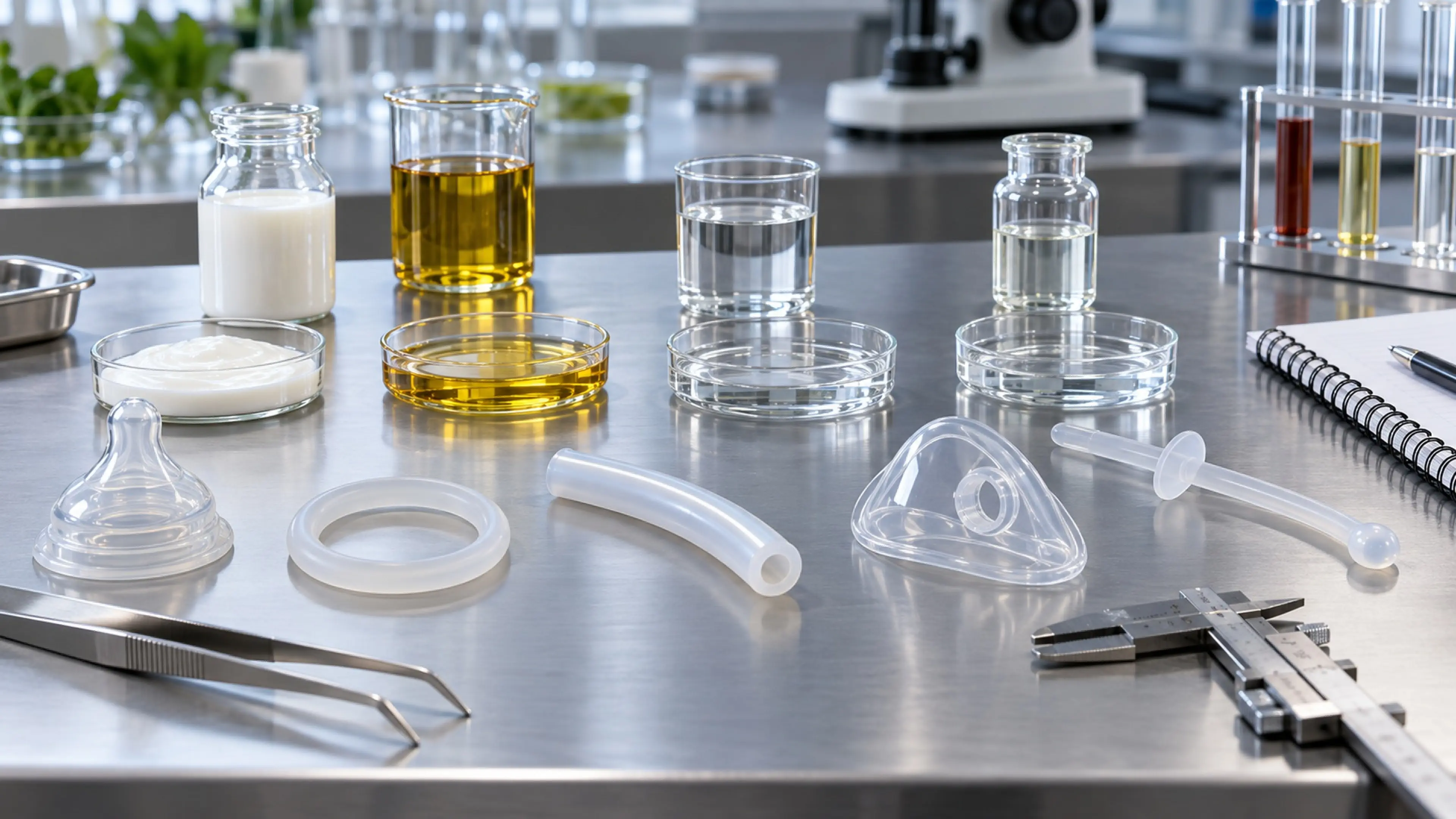 Food-contact, medical and skin-contact silicone parts arranged with test liquids on a lab bench