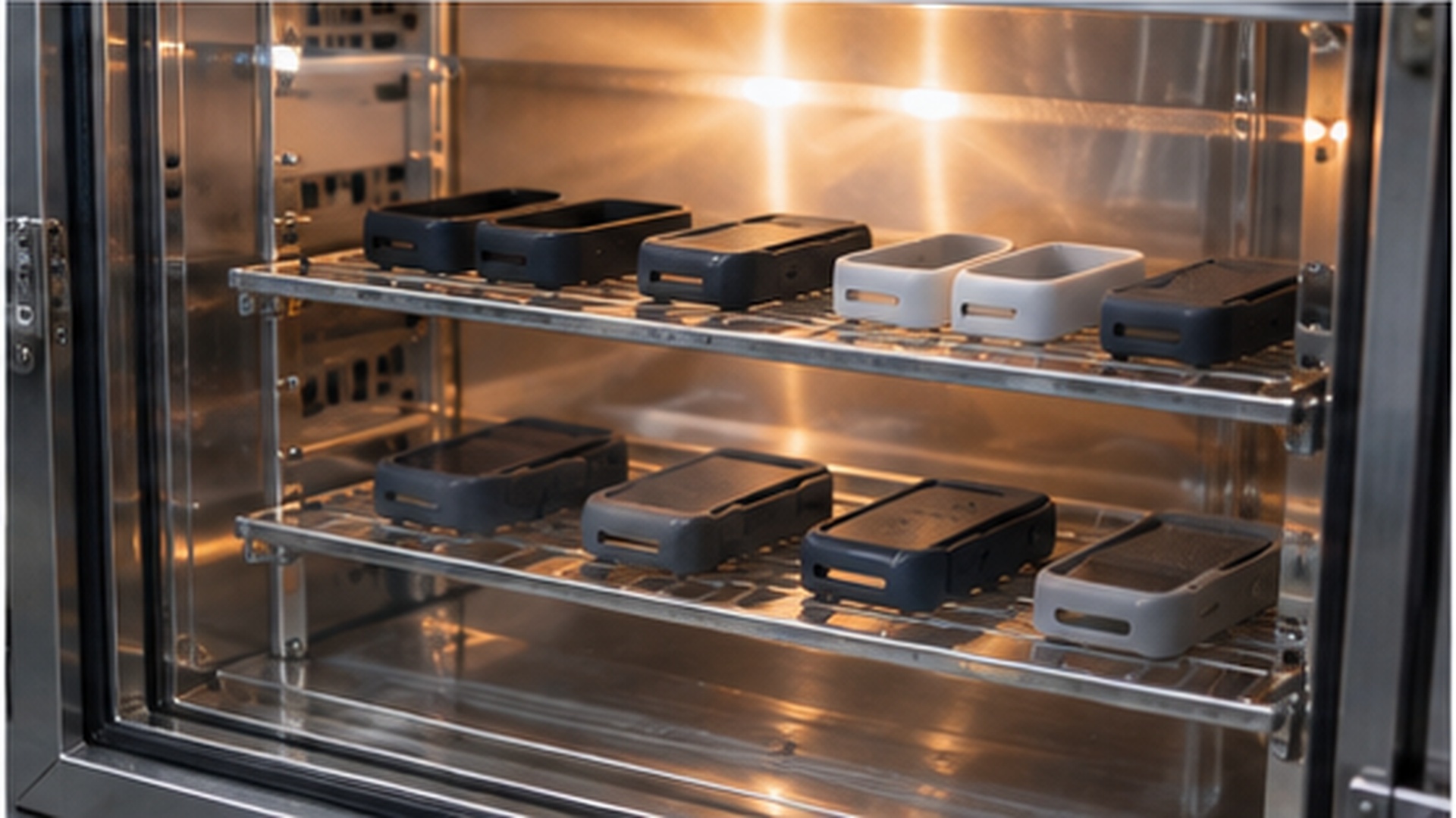 Moulded enclosures on oven racks during a post-cure check