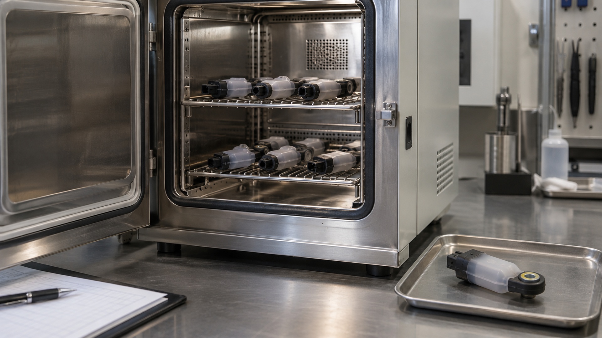 Silicone parts on a tray in front of an ageing oven during a material check