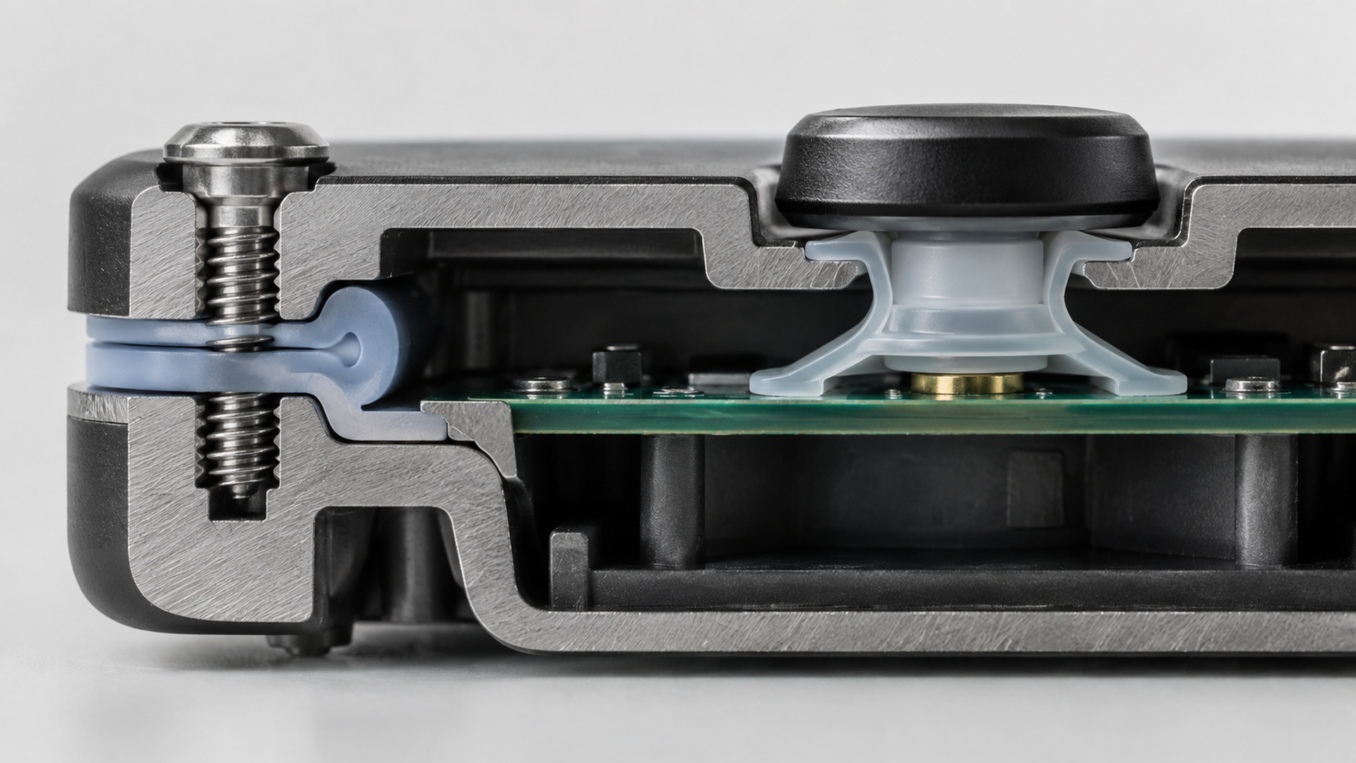 Sealed electronic device submerged in a clear immersion tank for ingress protection testing.