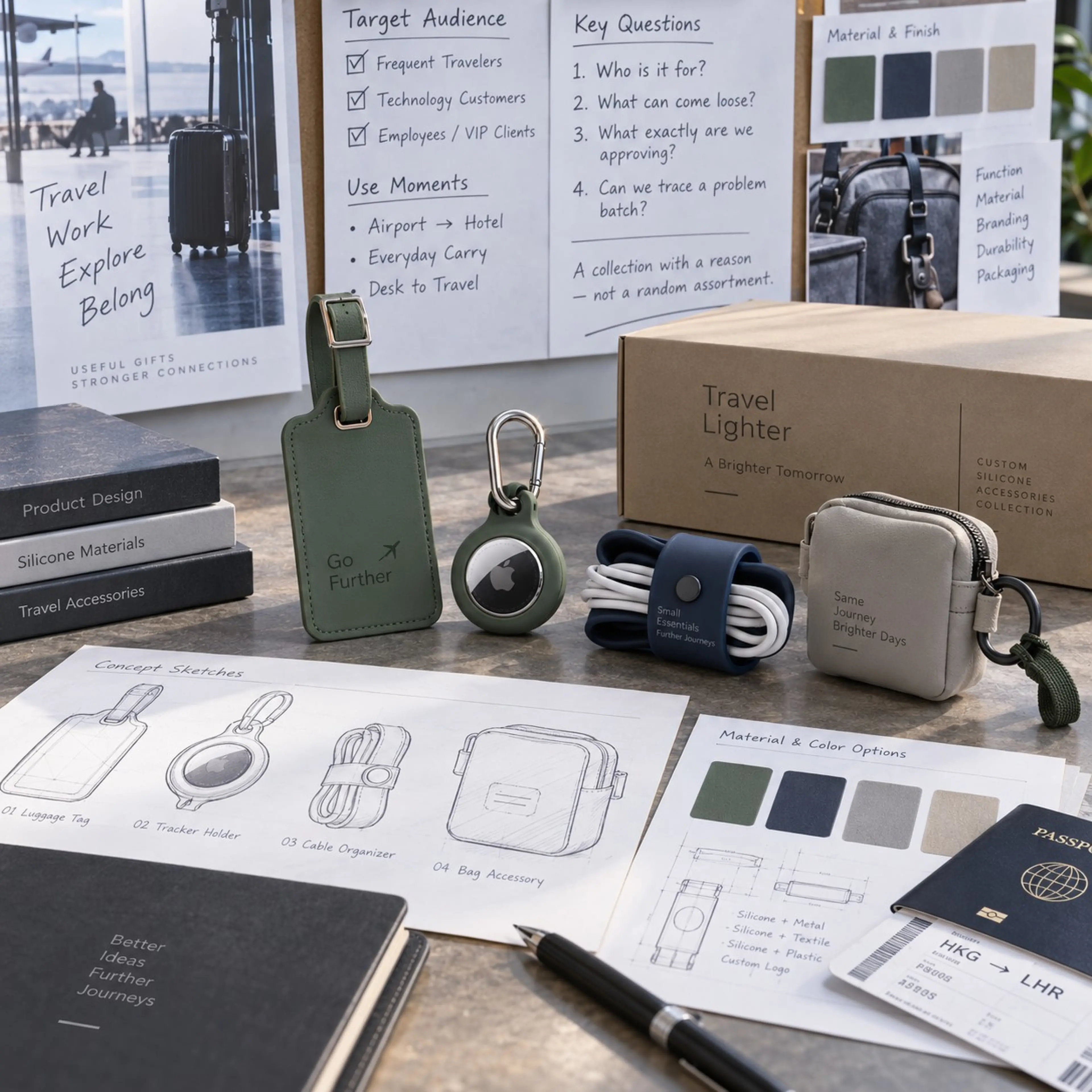 Design workshop board with target audience, use moments and material options beside moulded travel accessories
