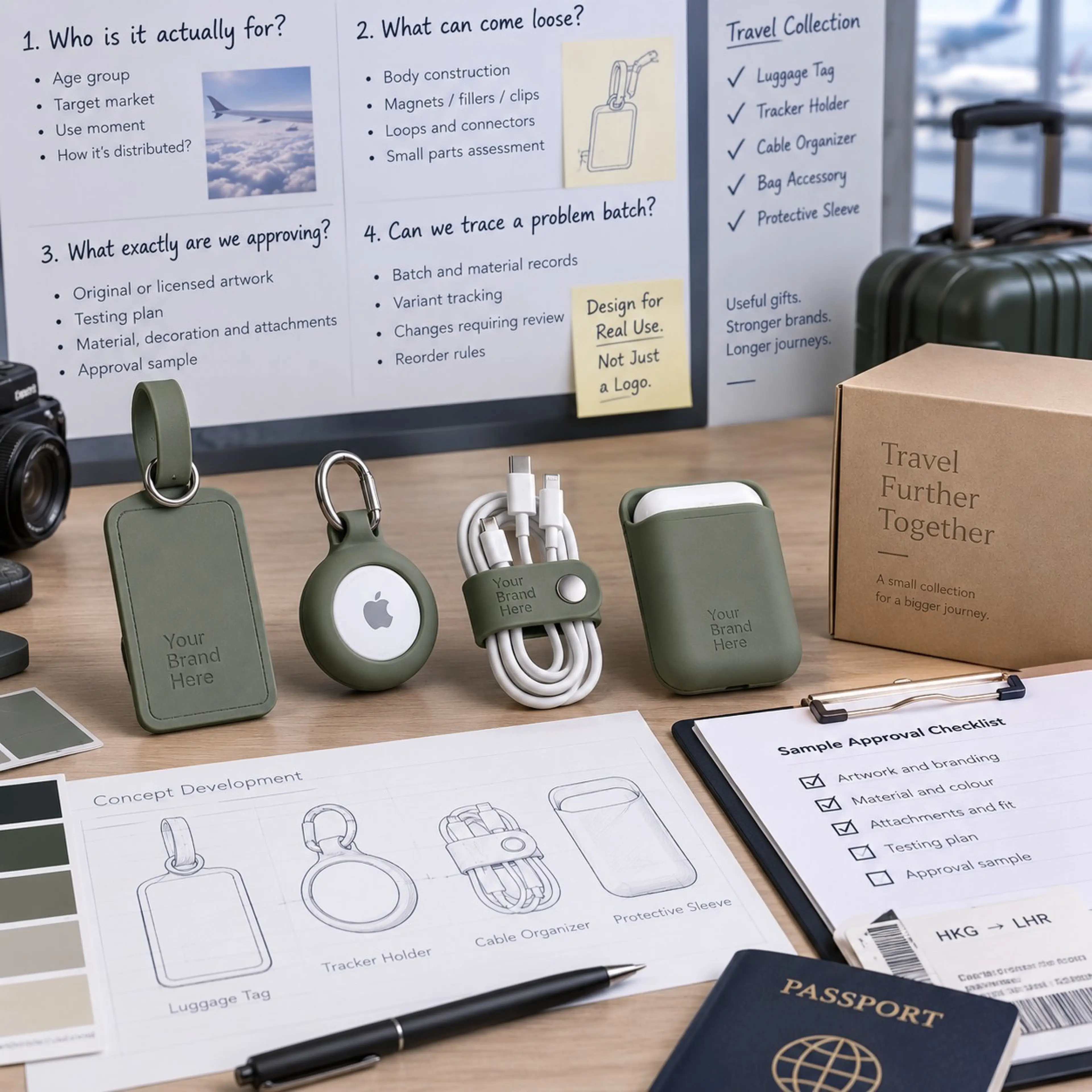 Moulded luggage tag, tracker holder, cable organizer and protective sleeve beside concept sketches and quality checklists