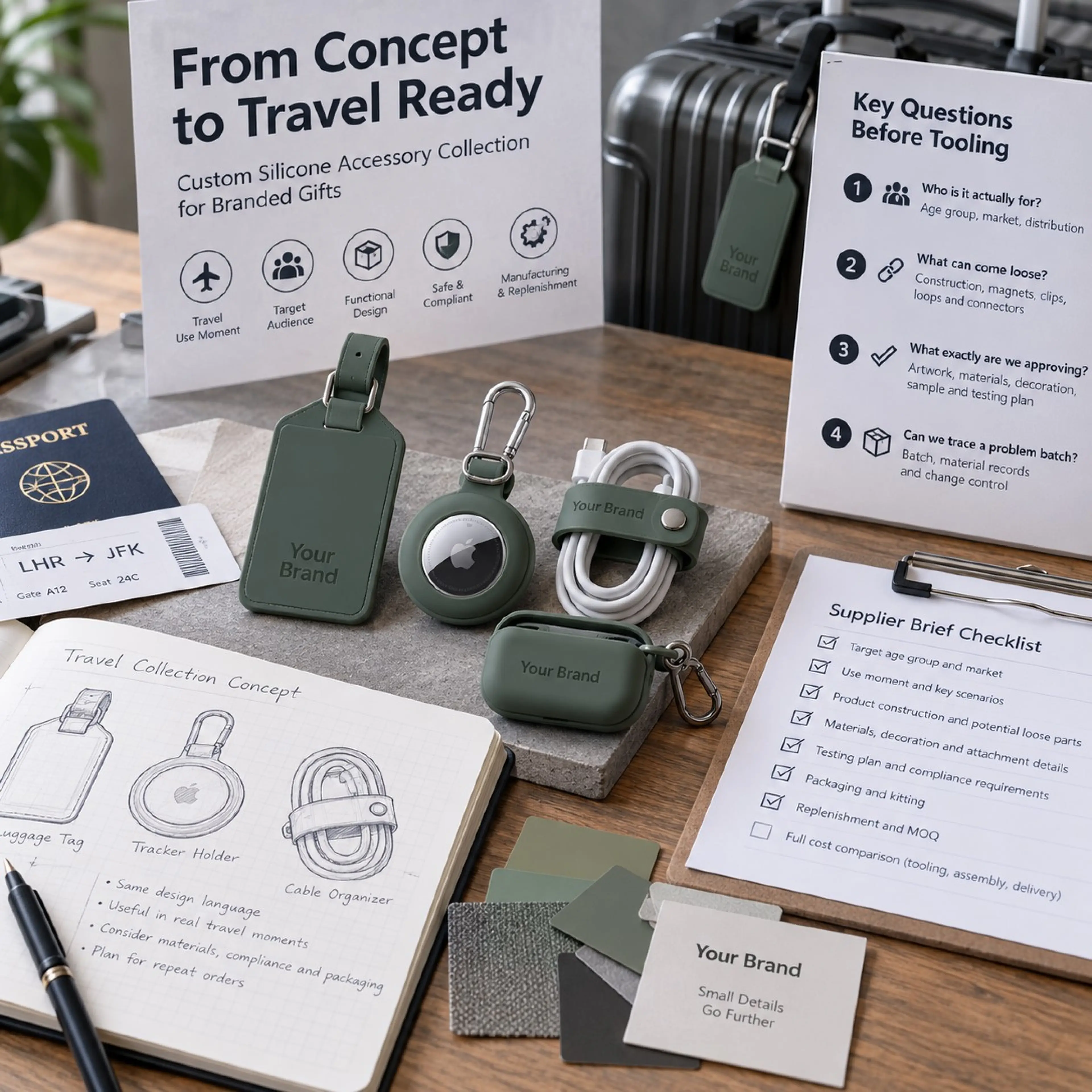 Tooling review desk with a travel accessory collection, key questions checklist and supplier brief