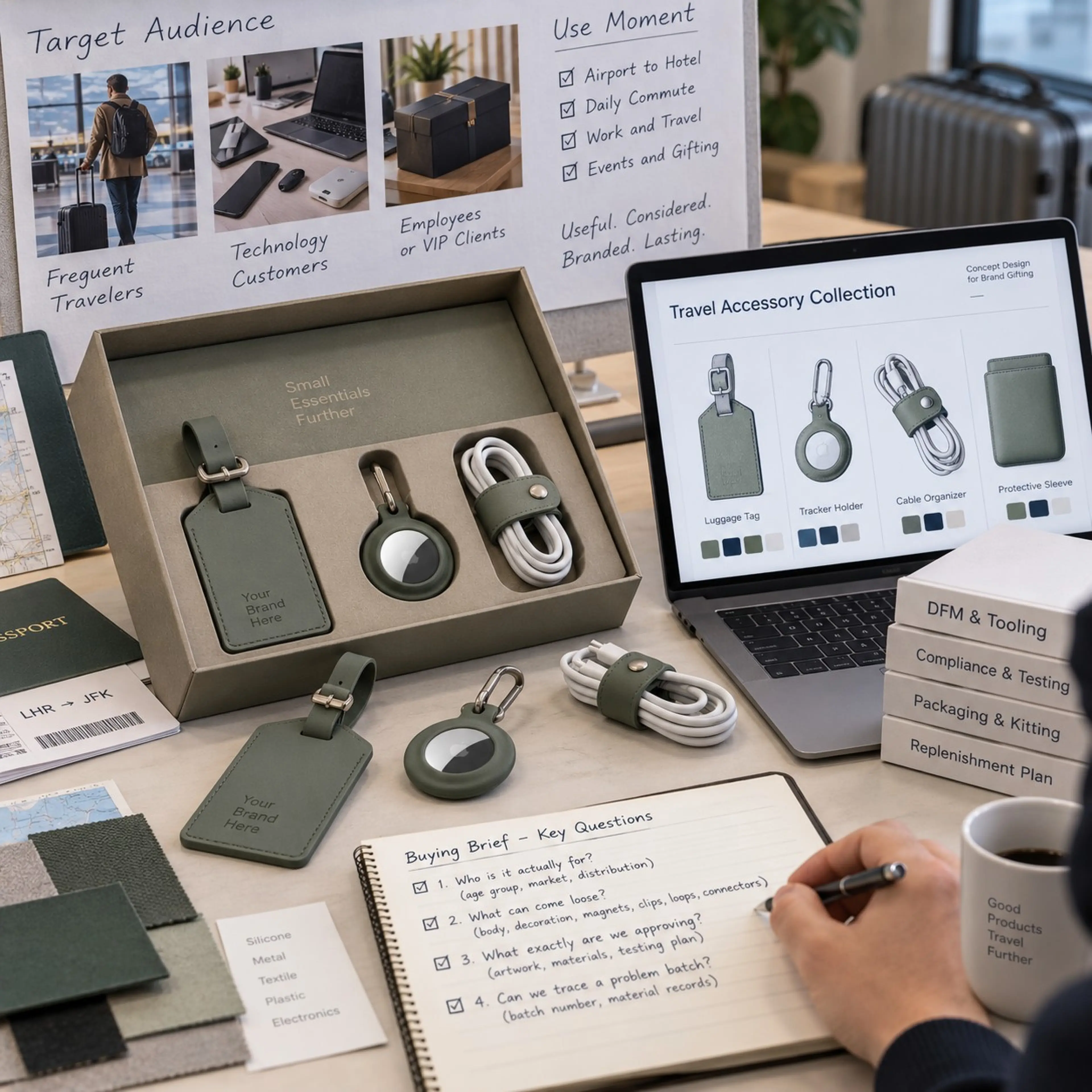 Assembled corporate gift set with coordinated silicone accessories beside a laptop product page