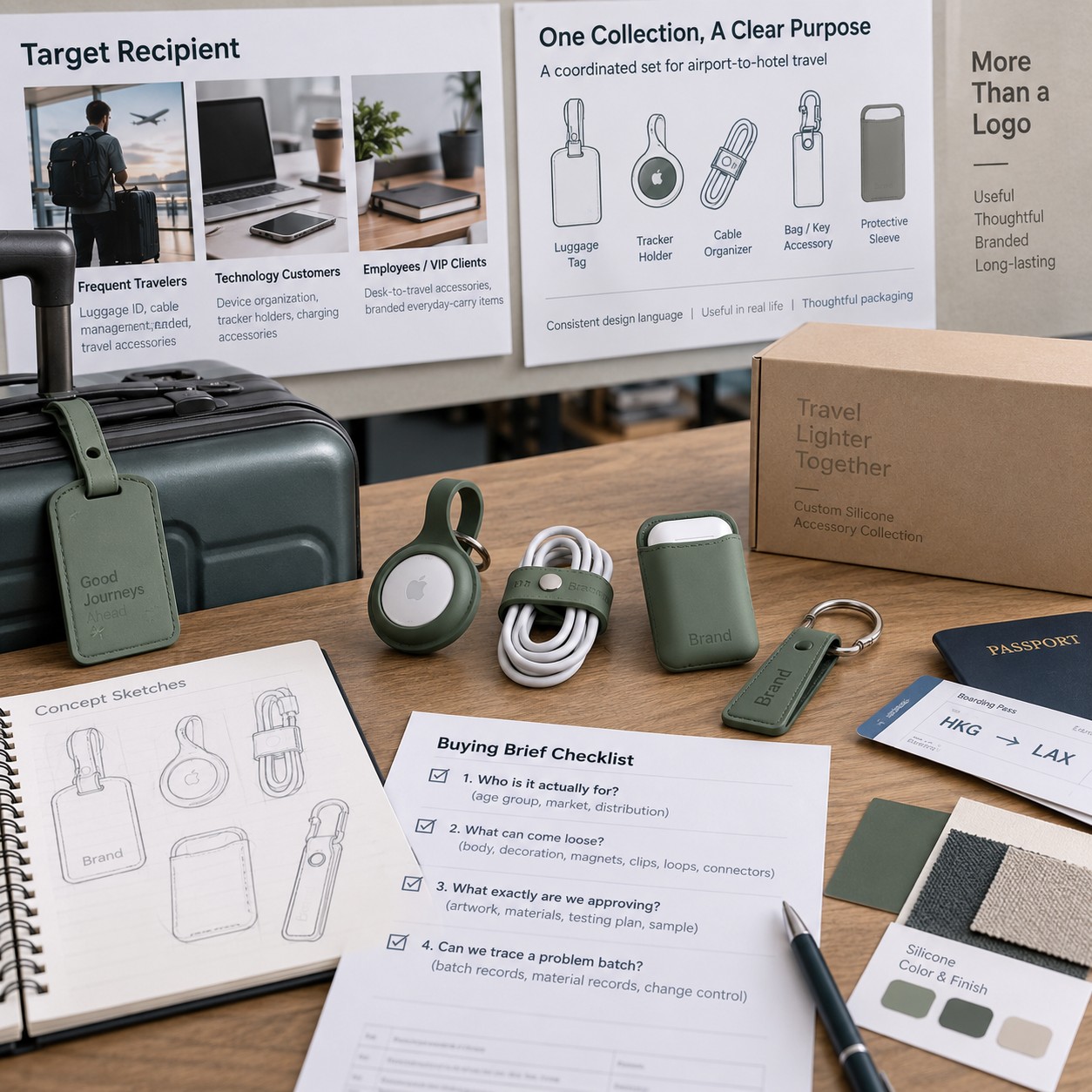 Branded silicone travel accessory collection review with concept boards, moulded samples and colour chips