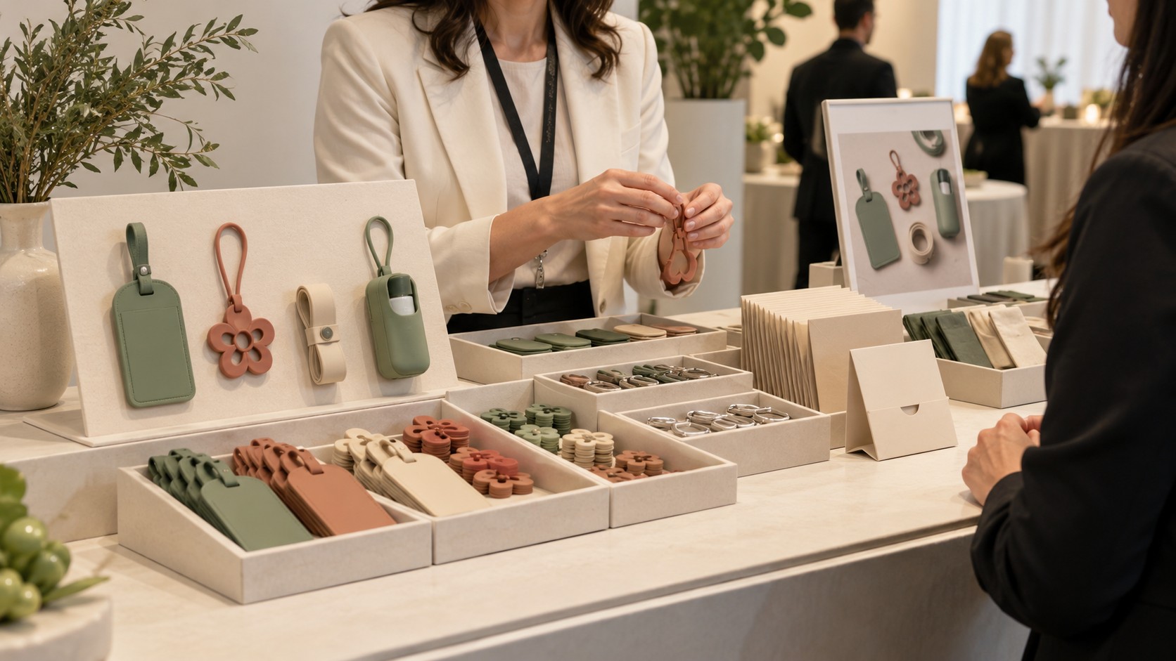 Brand-activation counter with custom silicone charms, luggage tags and take-home packaging
