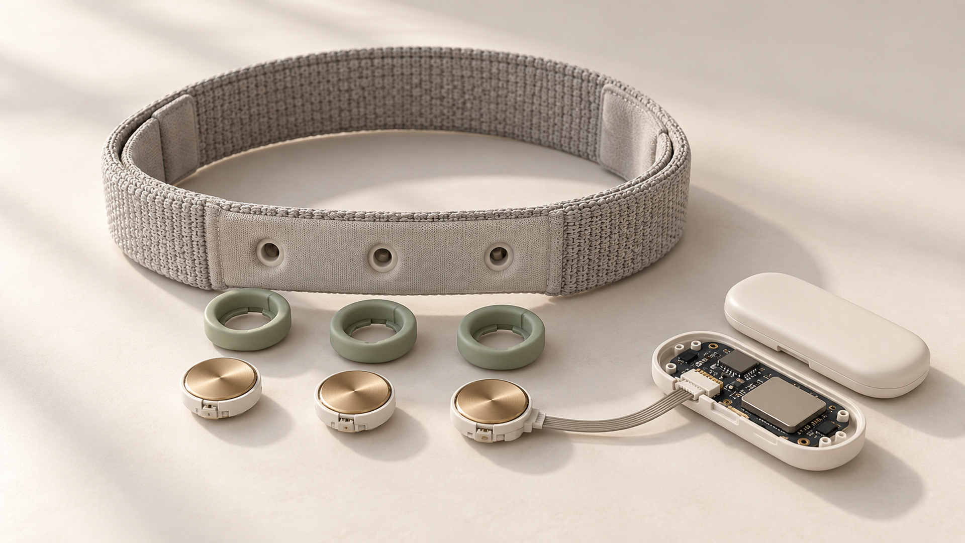 Exploded EEG headband showing textile, dry electrode, silicone carrier and electronics layers