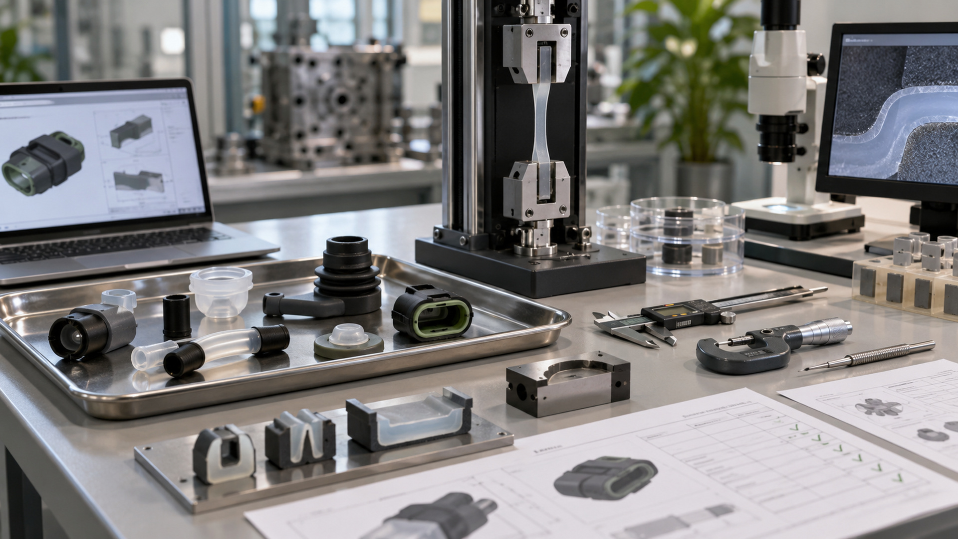 Supplier lab bench with overmolded samples, tensile tester and measurement tools