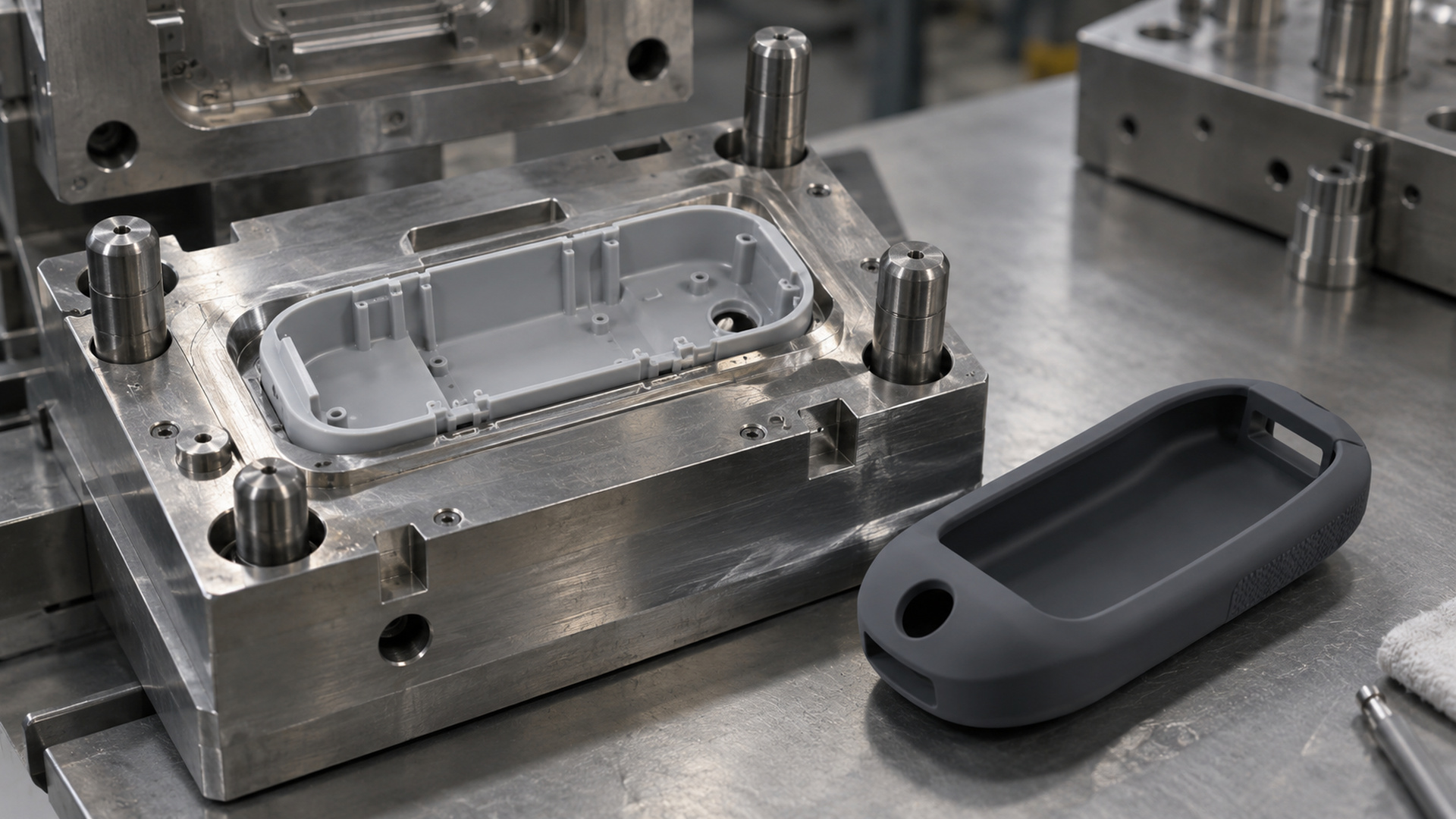 Cross-section of a mold cavity showing a plastic insert located by pins and supported by a nest during silicone flow.
