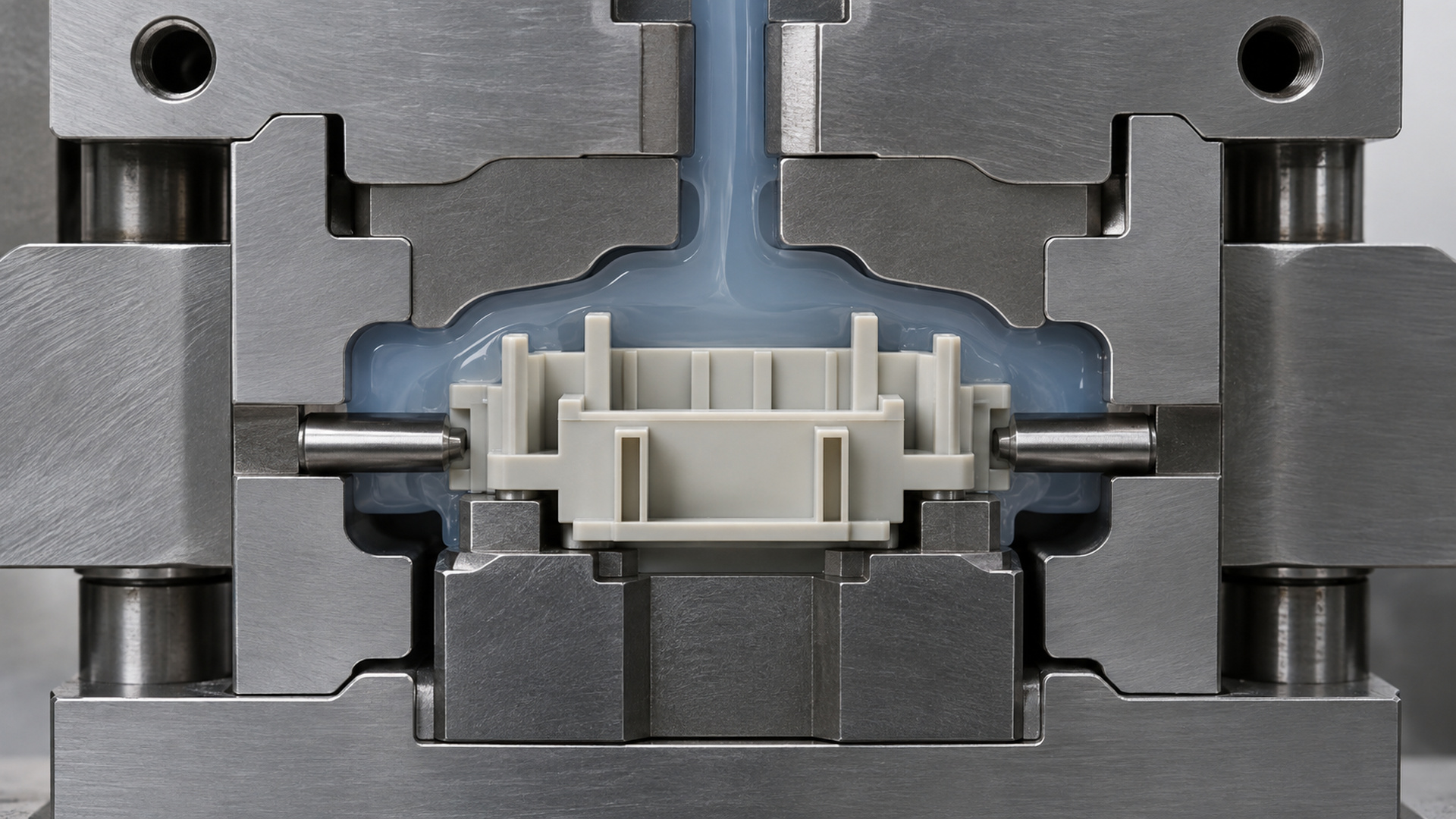 Overmolded plastic housing checked for flatness on a surface plate with a dial indicator.