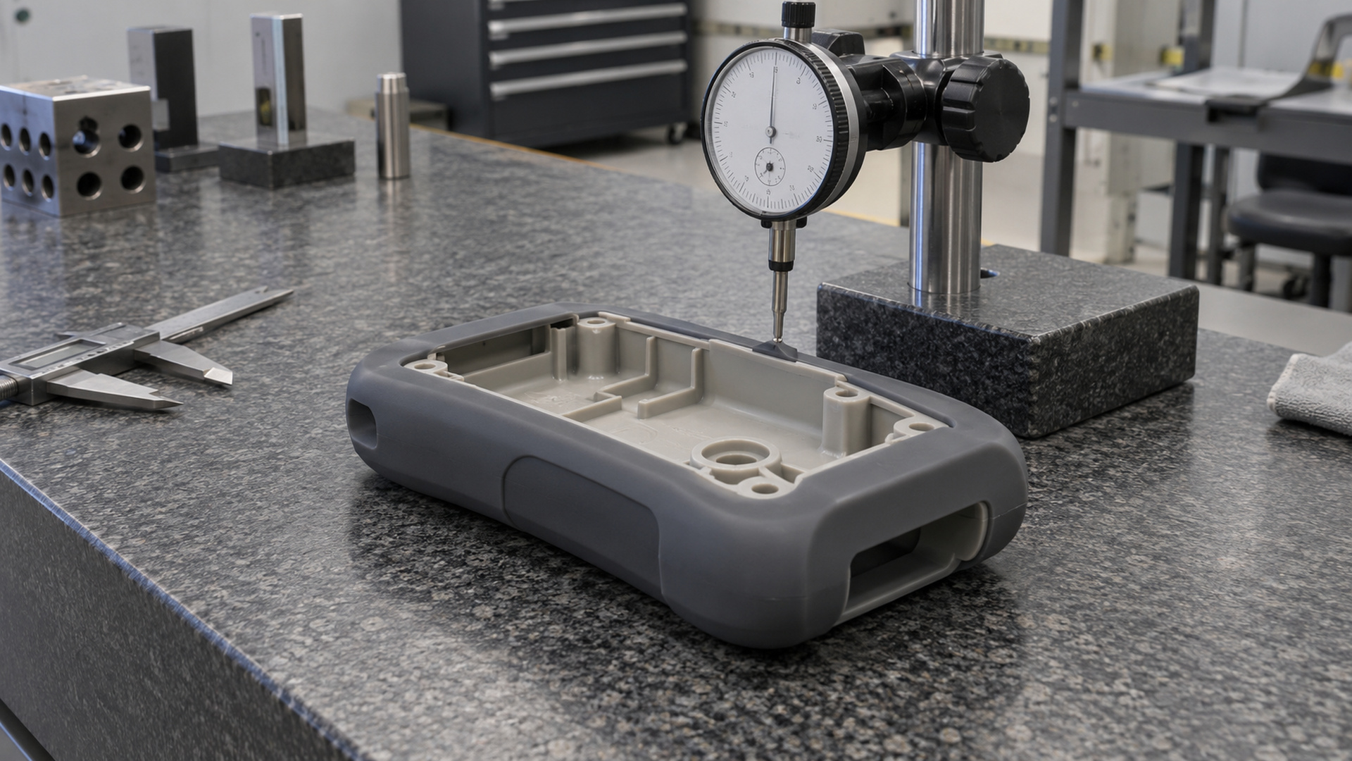 Overmolded test samples in an environmental ageing chamber beside an aged part on a tray