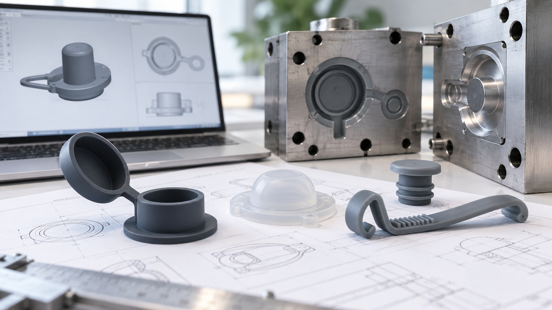 Silicone clip mounted in a manual flex-cycle test fixture on a quality bench