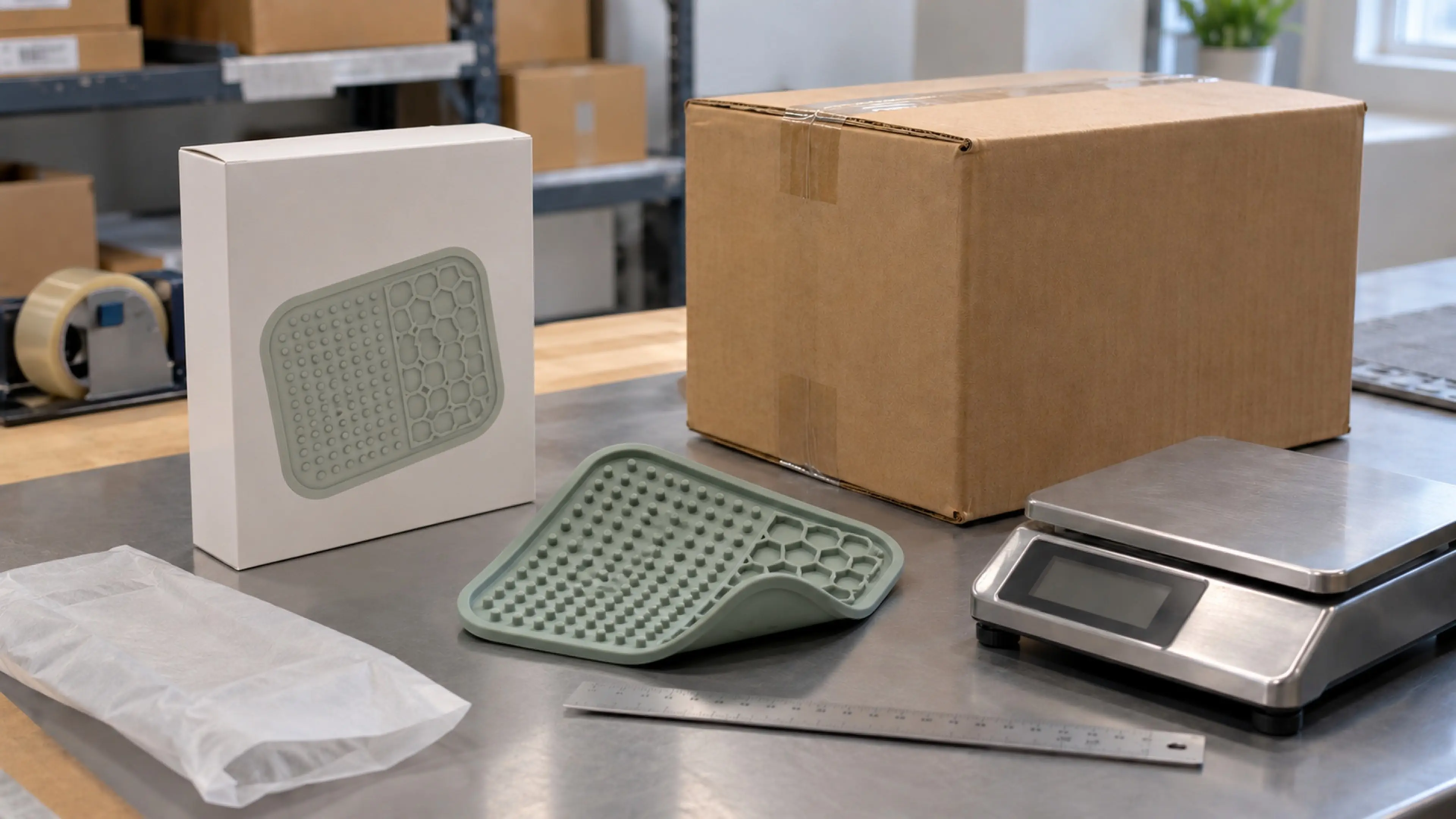 Silicone part beside separate objects representing mold, packaging, QC and freight cost layers