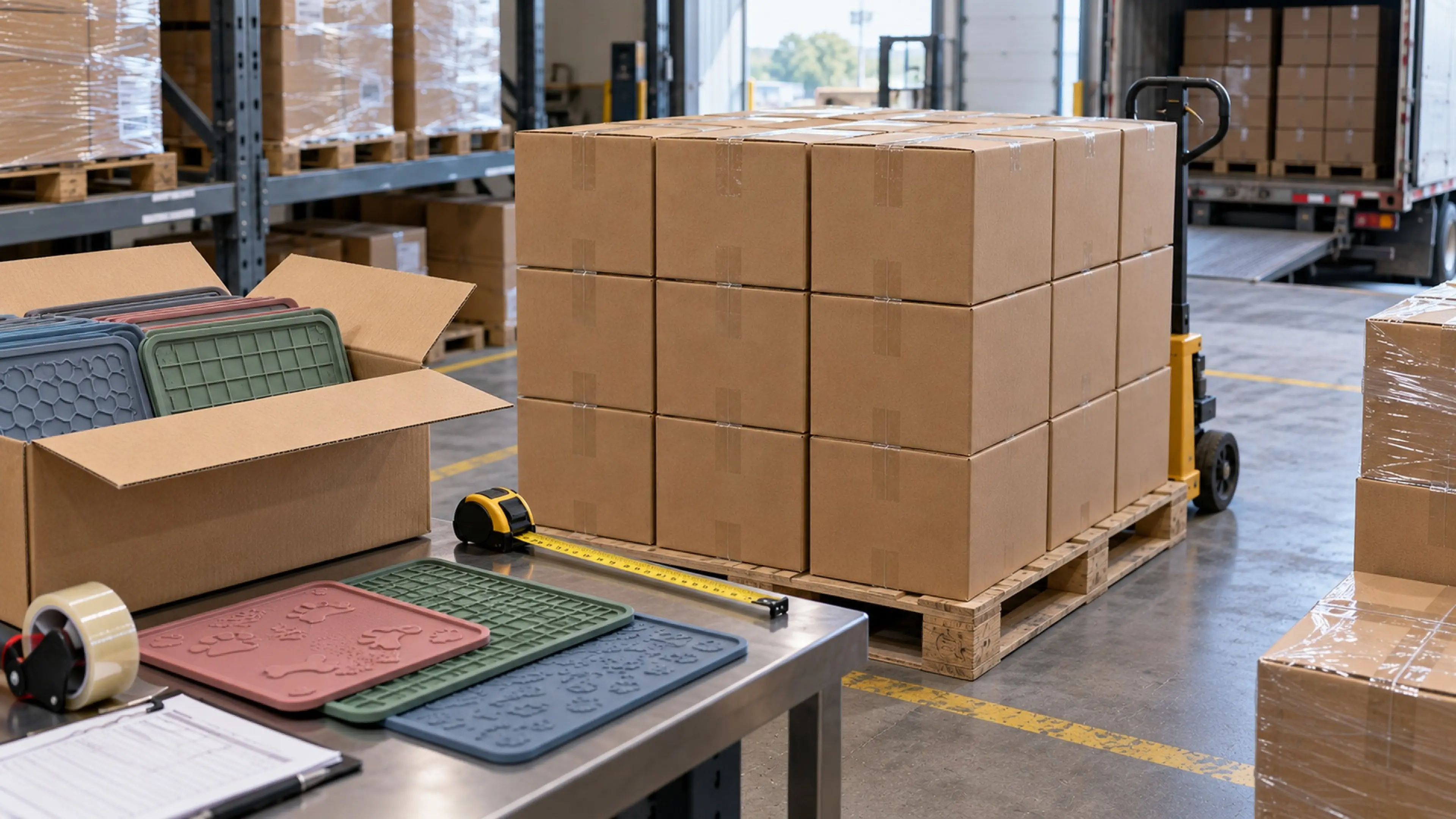 Packed cartons stacked on a pallet with colour samples and a measuring tape