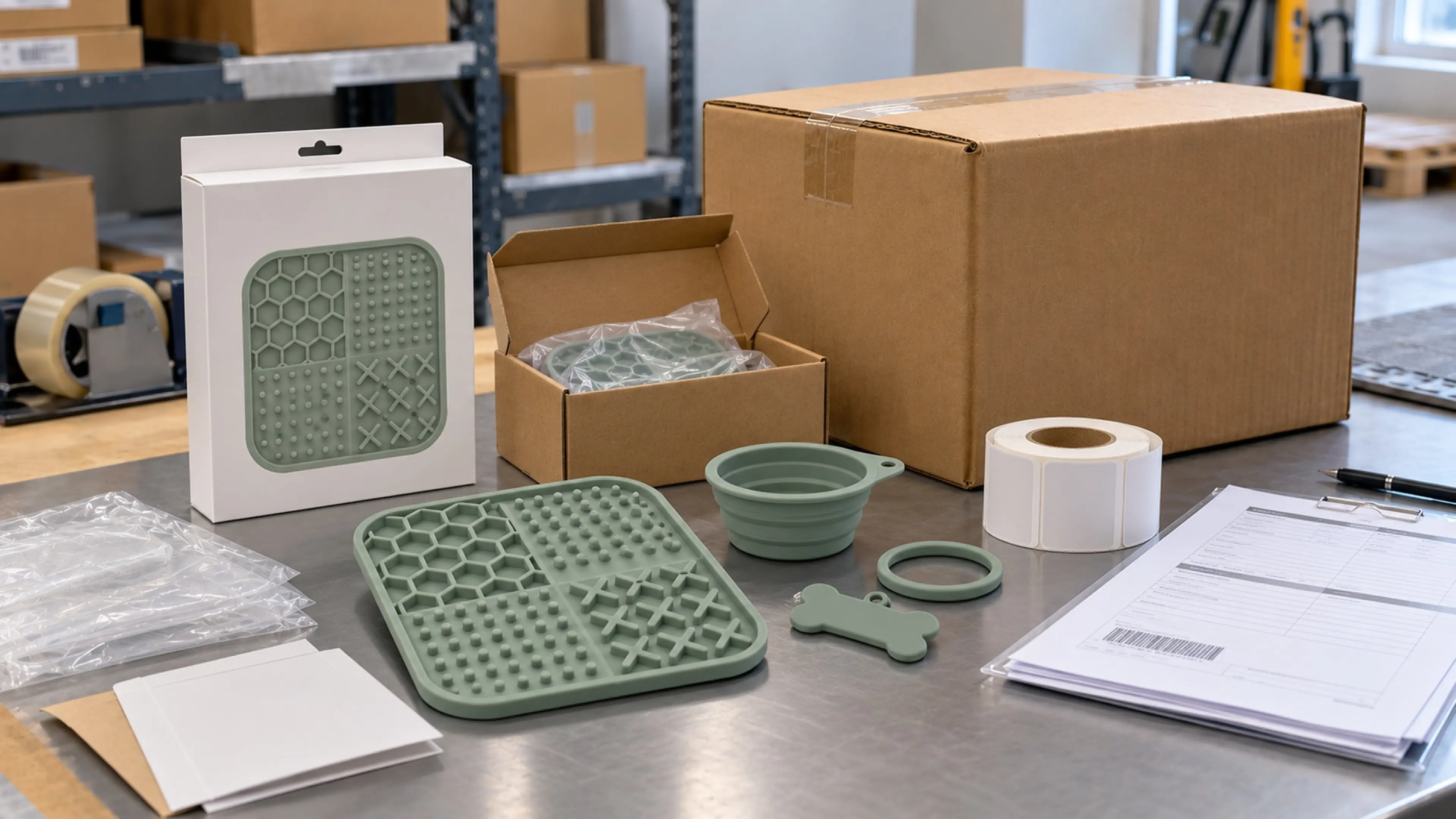 Retail packaging, folding cartons and silicone parts laid out for a landed-cost review
