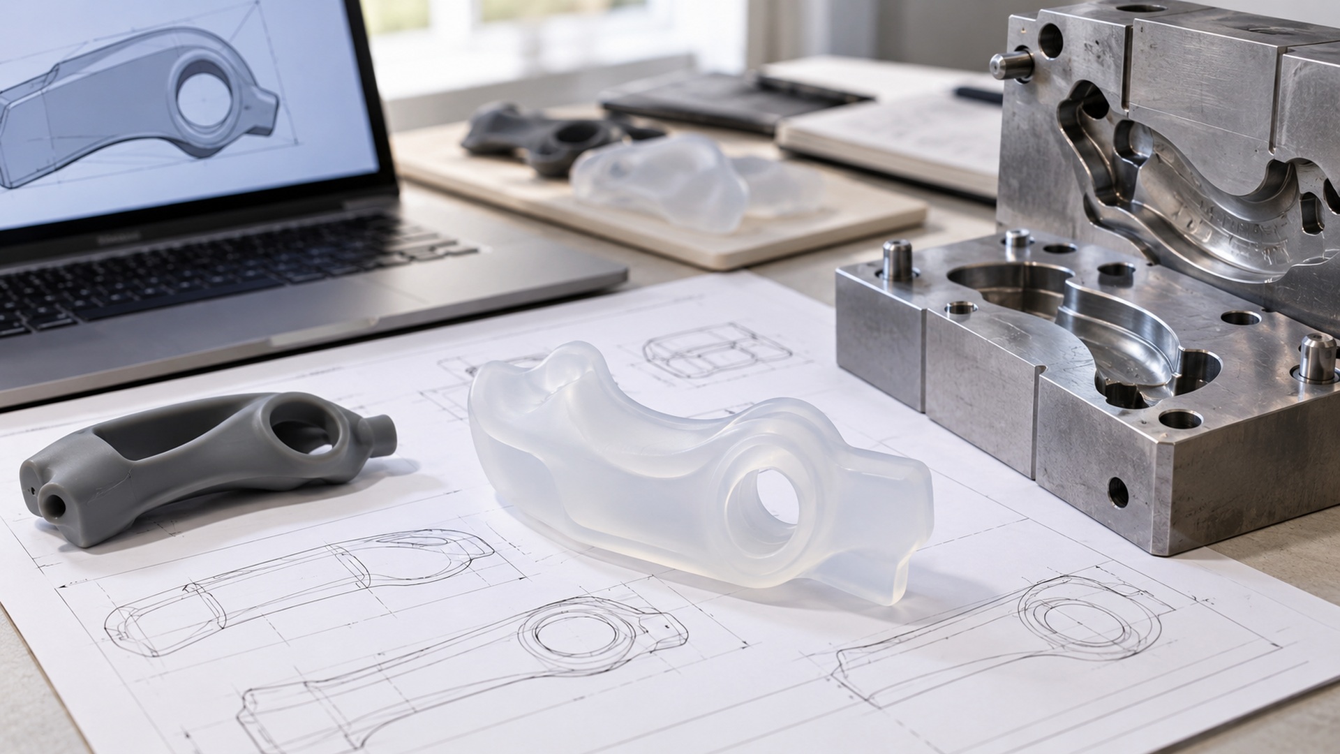 First-article inspection of a molded silicone part on a measuring fixture, with approval sample and 2D drawing nearby