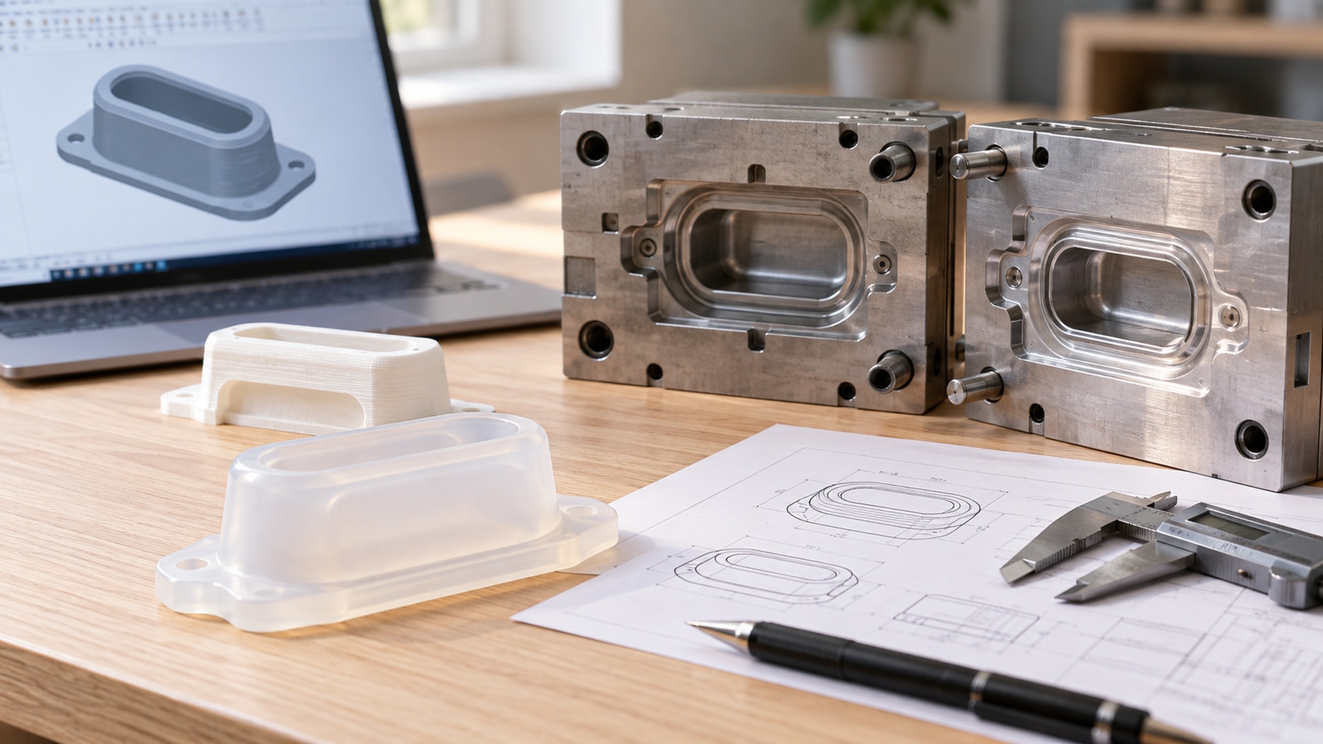 Open production mould beside a rigid prototype and a moulded silicone sample