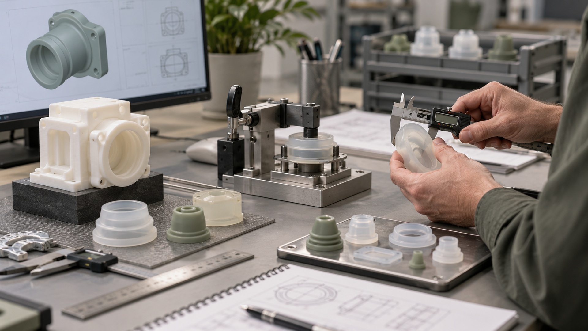 Flexible silicone part held in a measurement fixture during dimensional inspection