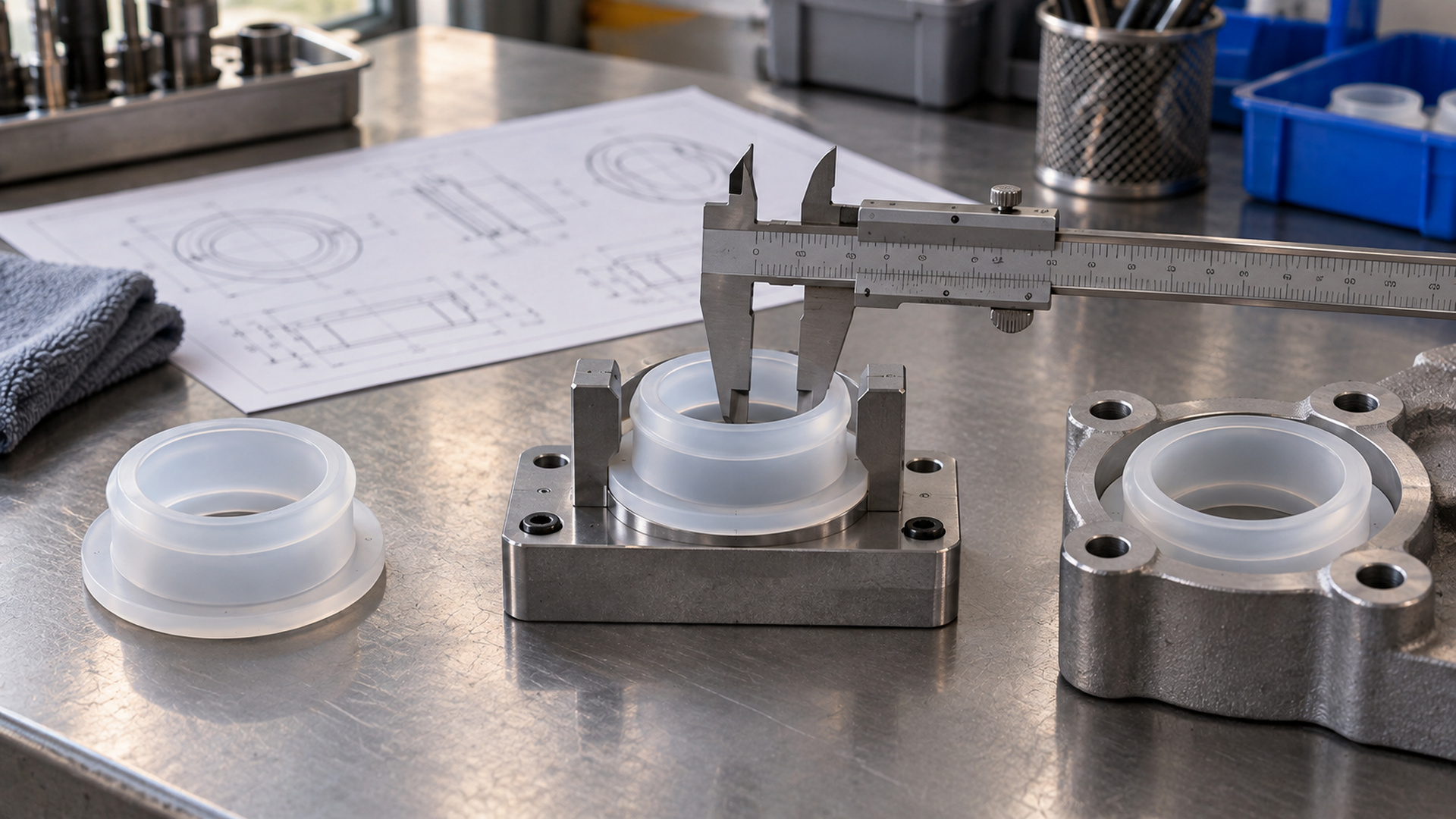 Caliper check of a moulded silicone part in its open mould
