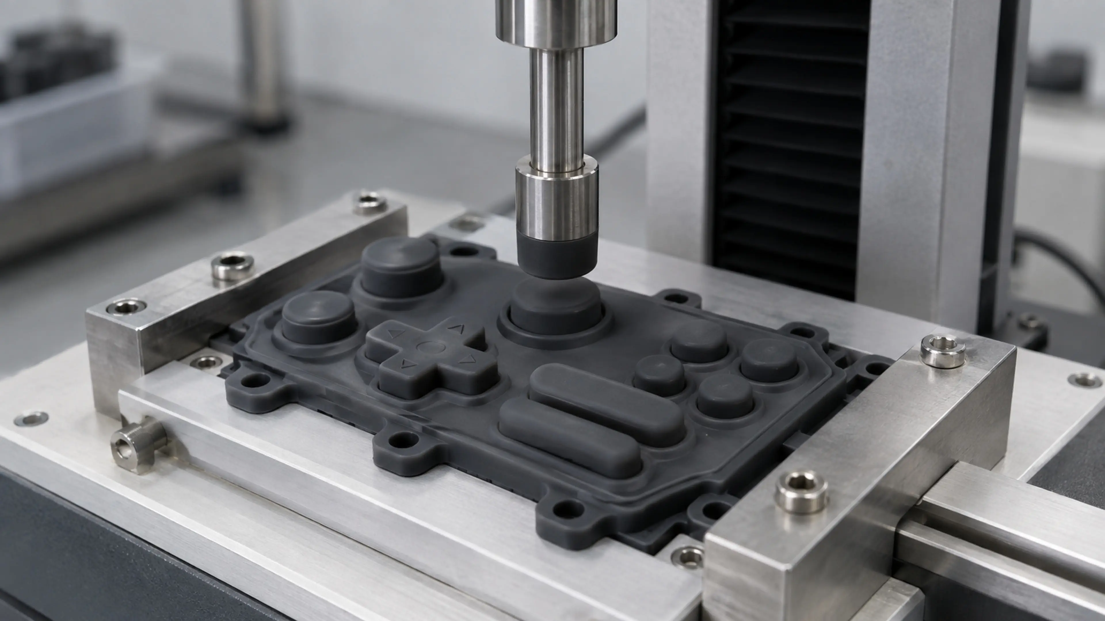 Cross-section of a silicone keypad button showing dome, flexible web and plunger tip on a PCB switch.