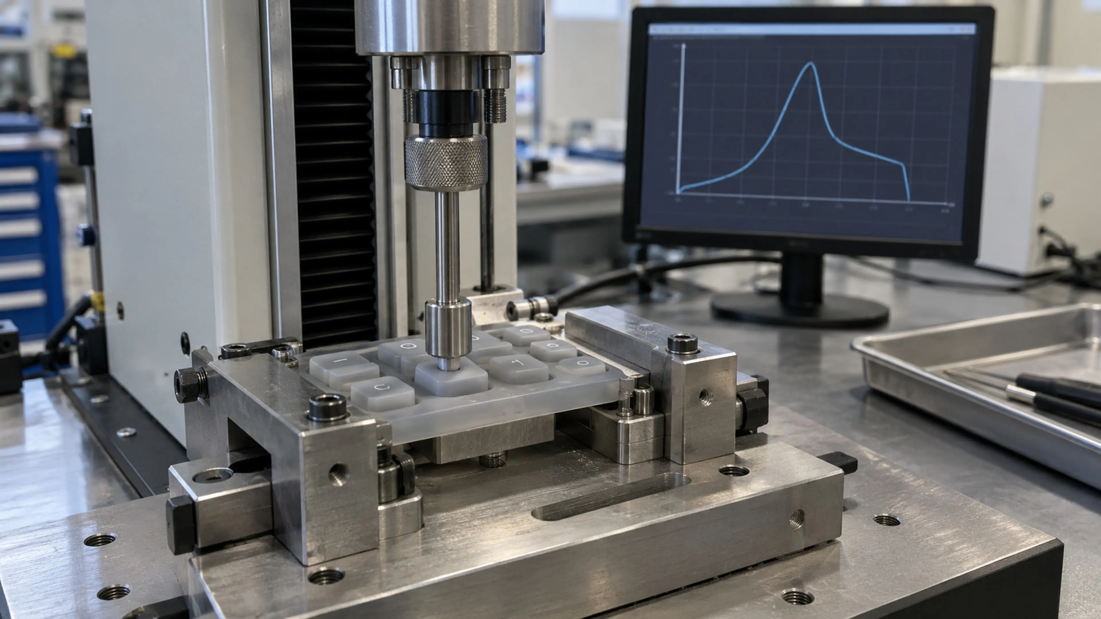 Silicone keypad clamped in a force-test stand, probe pressing a button with a force-travel curve on a display.