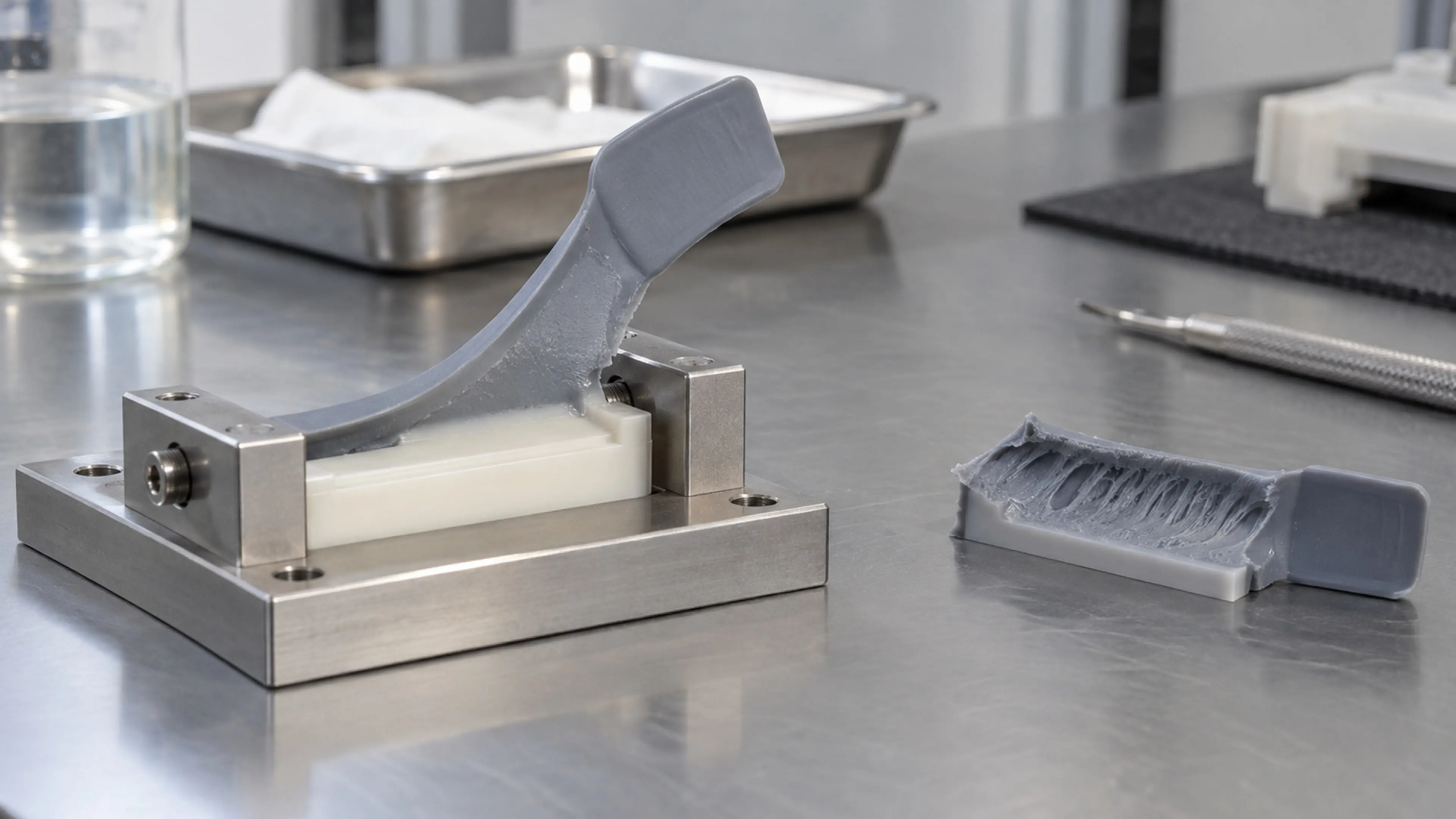 Overmolded test samples in an environmental ageing chamber beside an aged part on a tray