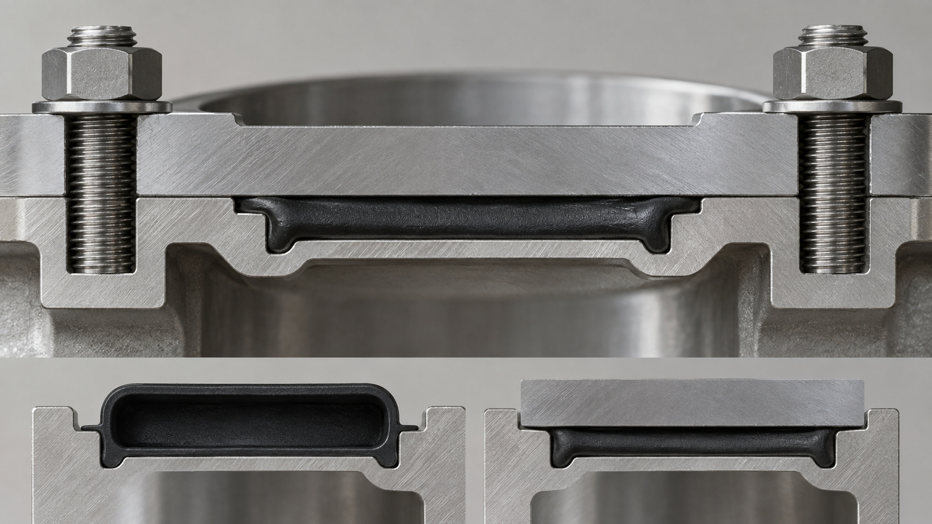 Housing half being closed onto a gasket while a force gauge measures assembly force.