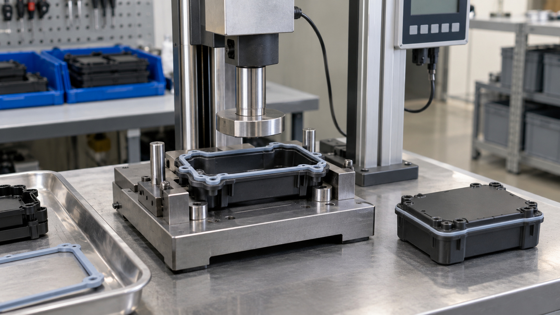 Overmolded test samples in an environmental ageing chamber beside an aged part on a tray
