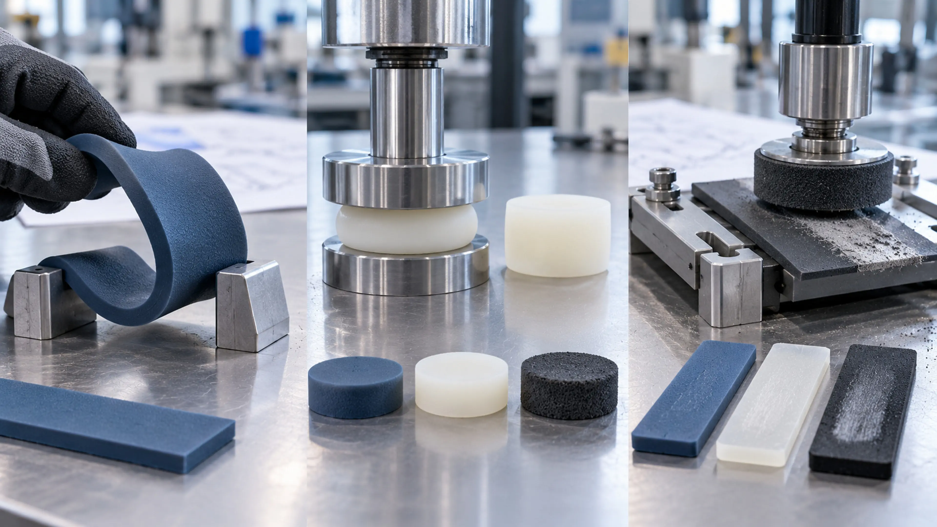 Durometer hardness testing of silicone and TPU samples on a comparison bench