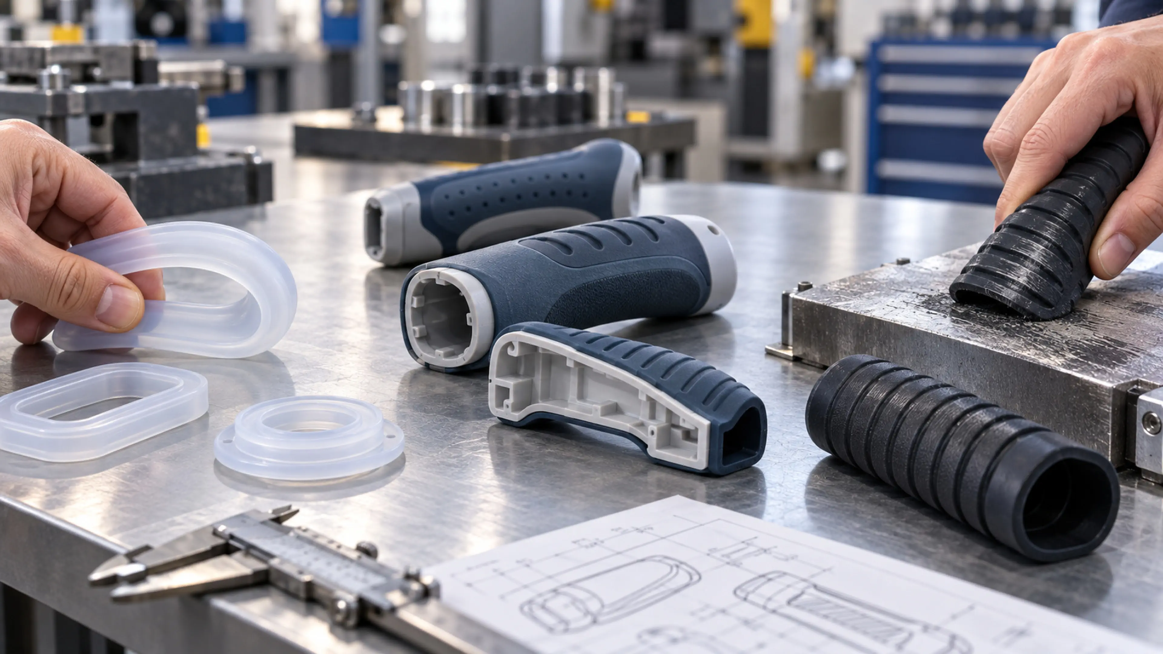 Overmoulded grip samples in silicone and TPU on a material comparison bench
