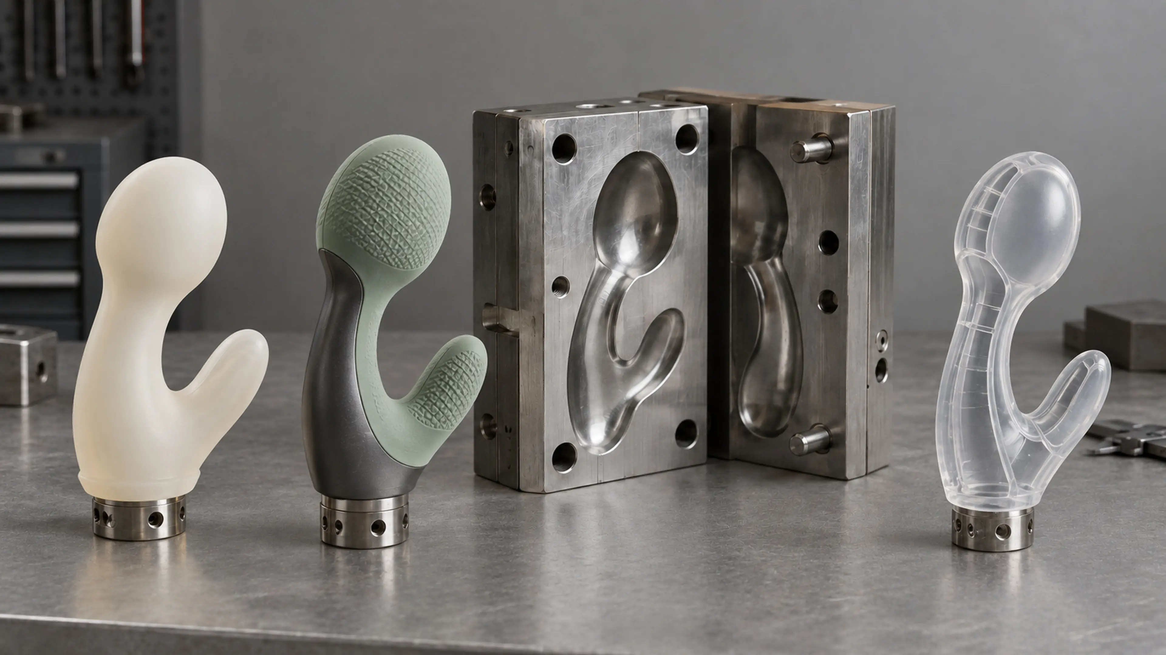 Open mould with silicone and TPU handle samples side by side