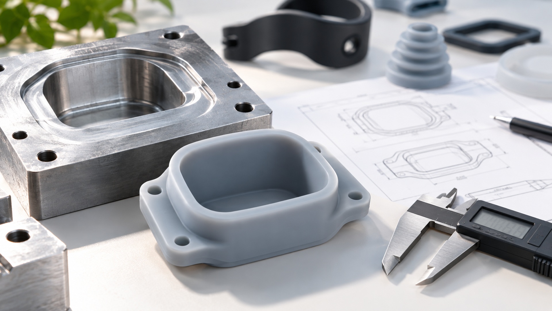 Cross-section of a silicone part showing uniform wall, radiused corner and reinforced hole rim