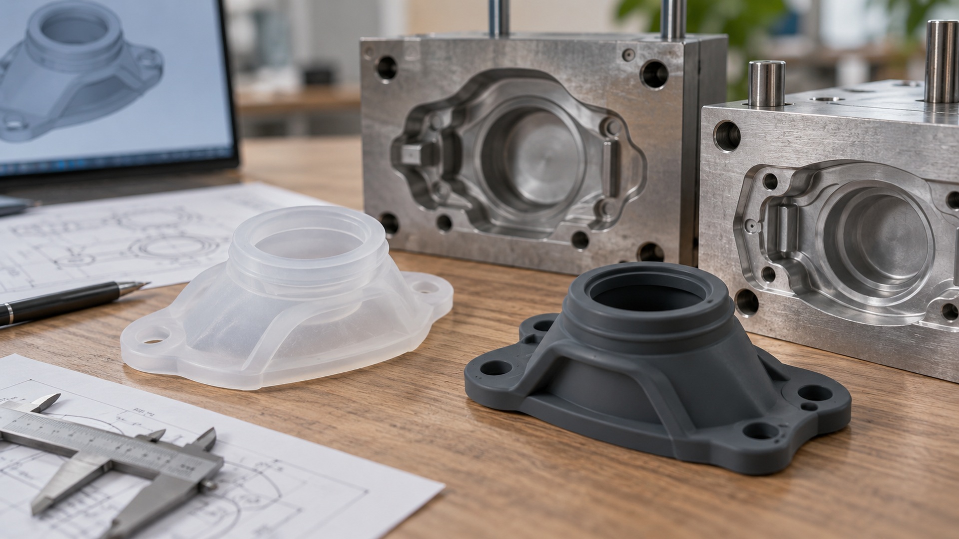 Translucent prototype and moulded part with different wall thicknesses beside open moulds