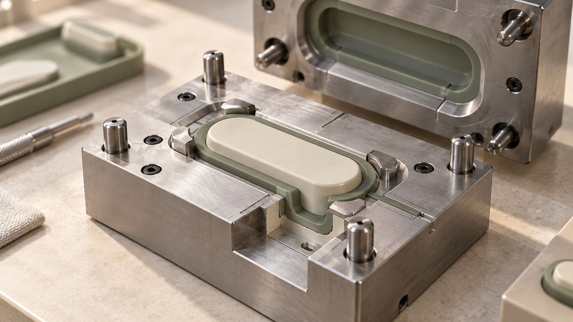 LSR overmolding mold section showing a supported thermoplastic insert and hard-soft interface