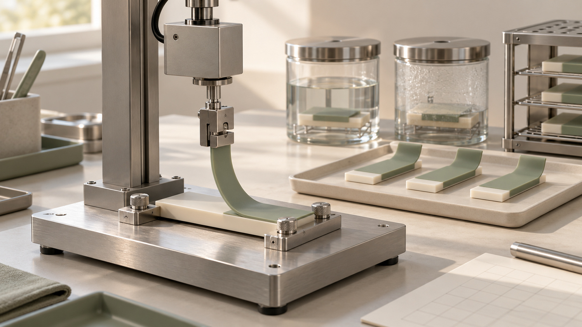 Hard-soft overmolded components undergoing pull and aging validation after environmental exposure