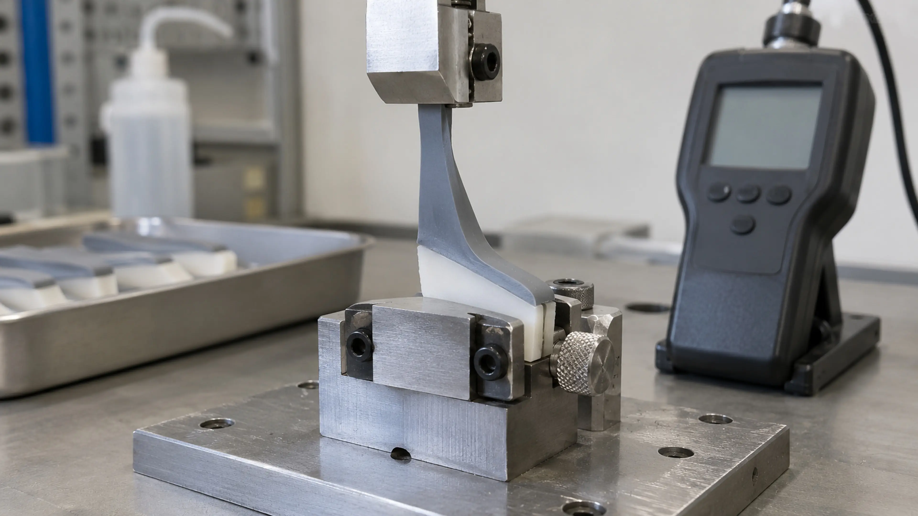 Three test geometries shown side by side: pull-off, peel, and cyclic flex.