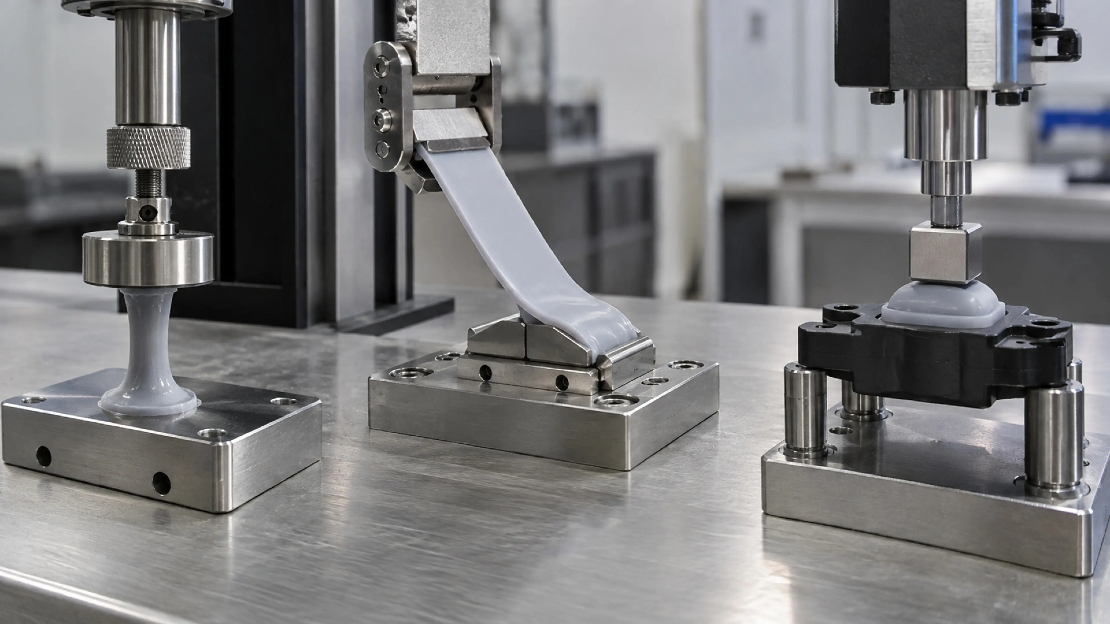 Row of overmolded samples compared by condition: fresh, thermally aged, and flex-cycled.