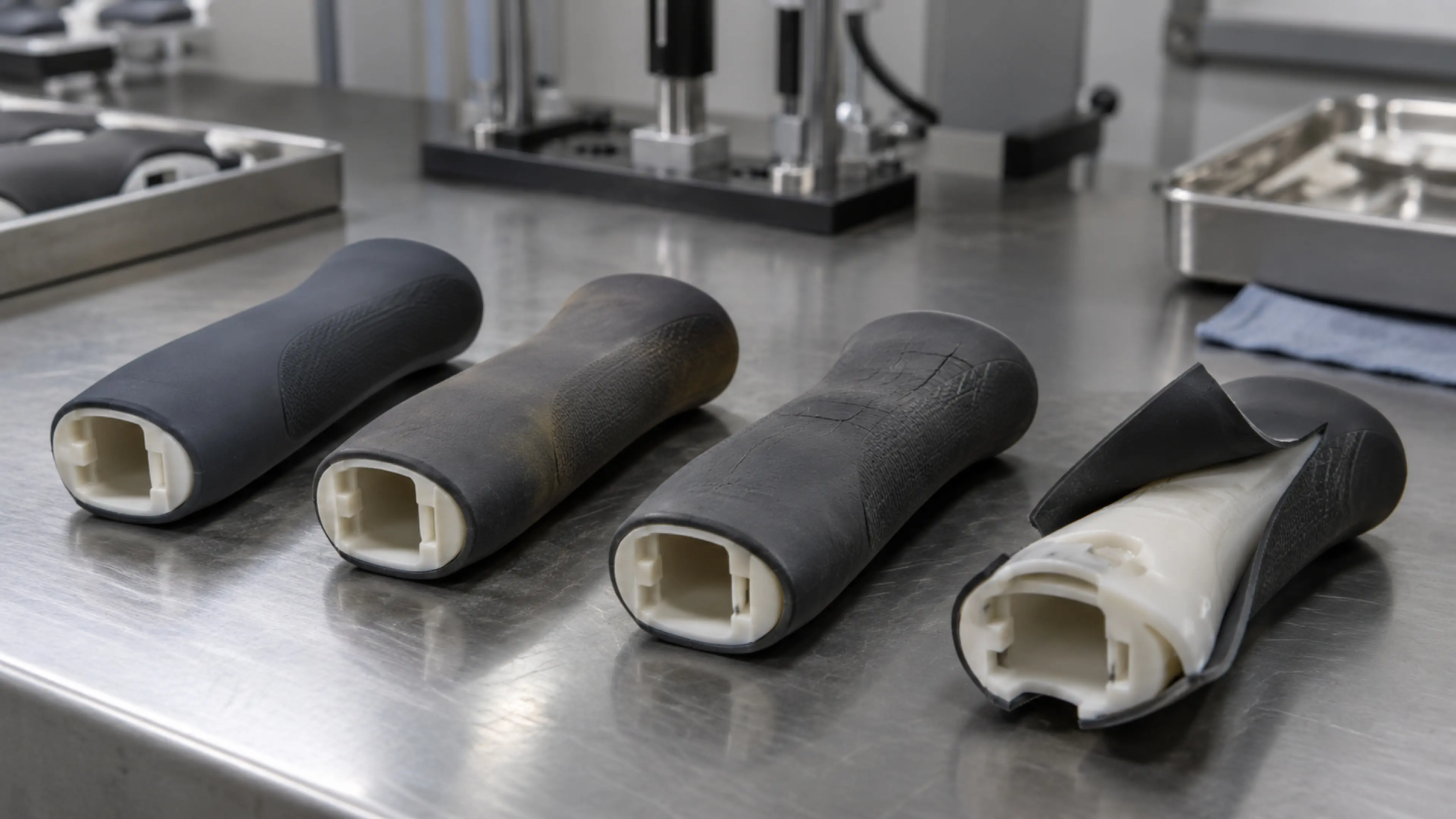 Overmolded test samples in an environmental ageing chamber beside an aged part on a tray