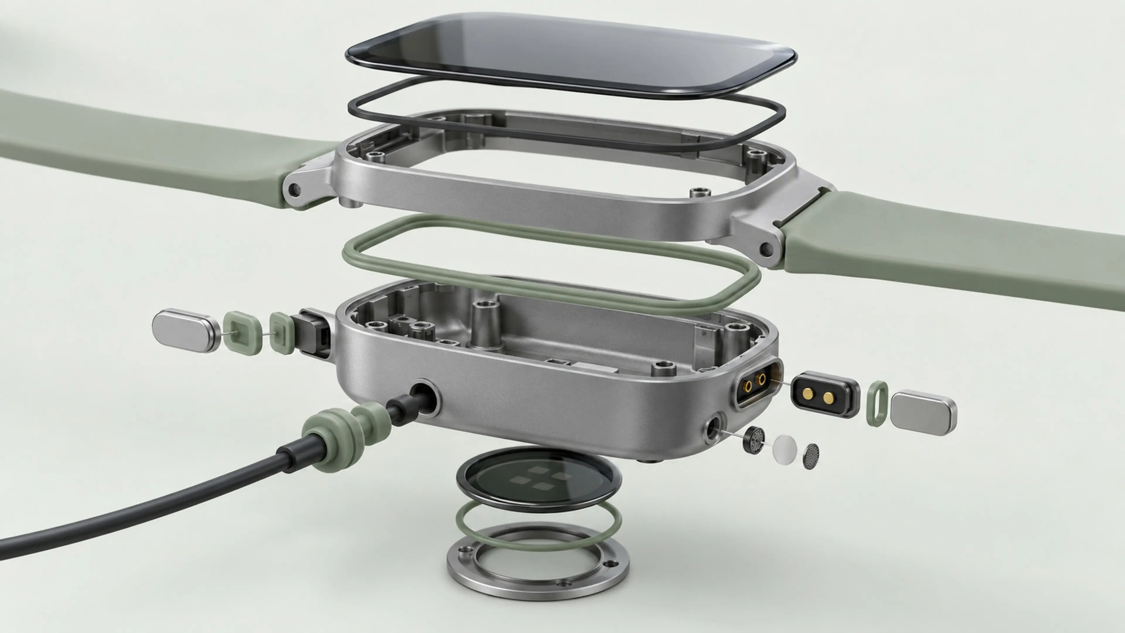 Exploded wearable showing water ingress points and their individual silicone seal components