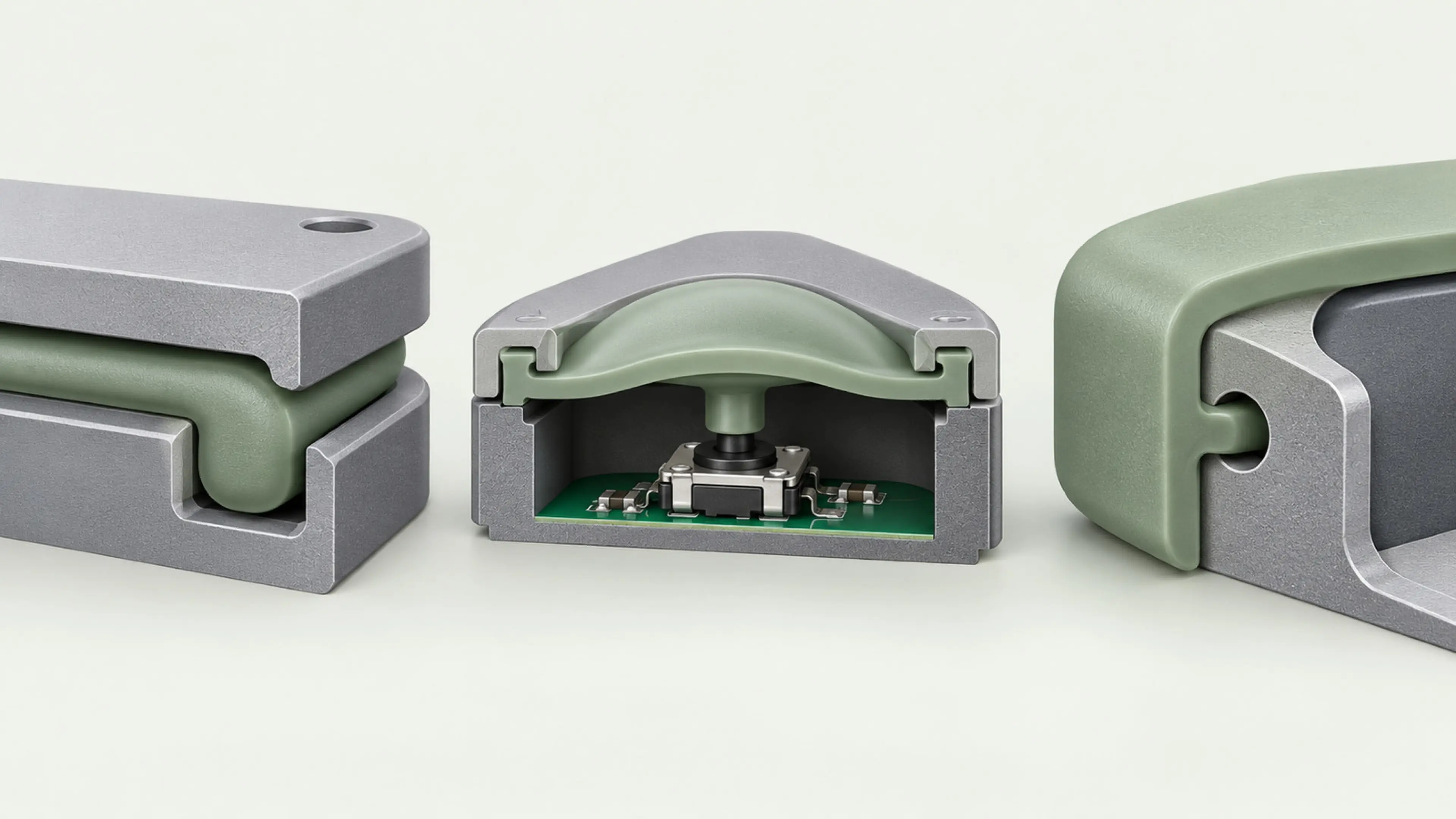 Compressed gasket, molded button membrane and permanent overmold as distinct silicone constructions