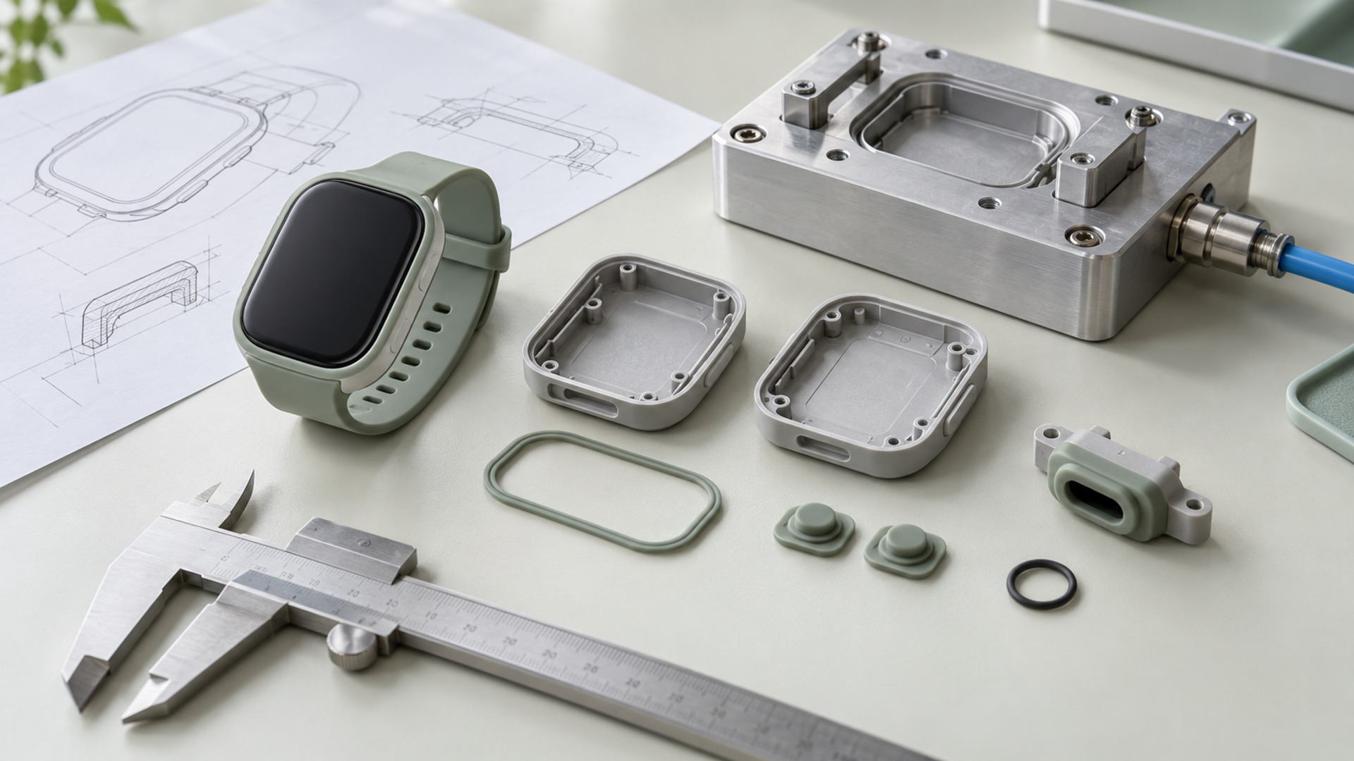 Waterproof wearable development scene with silicone gaskets, button membranes and leak-test fixture