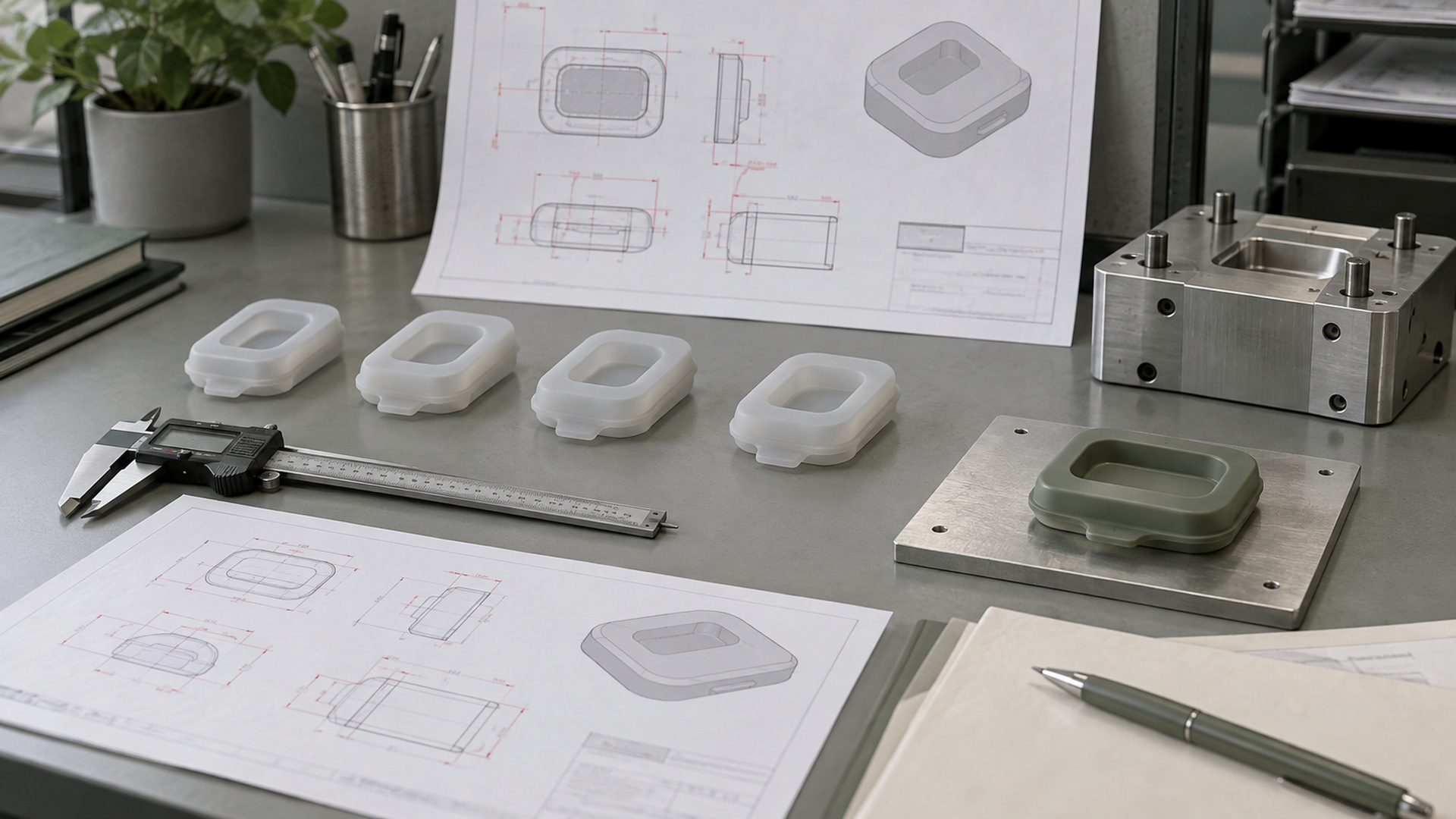 Silicone part shown progressing through mockup, soft-tool sample, steel mold and finished part