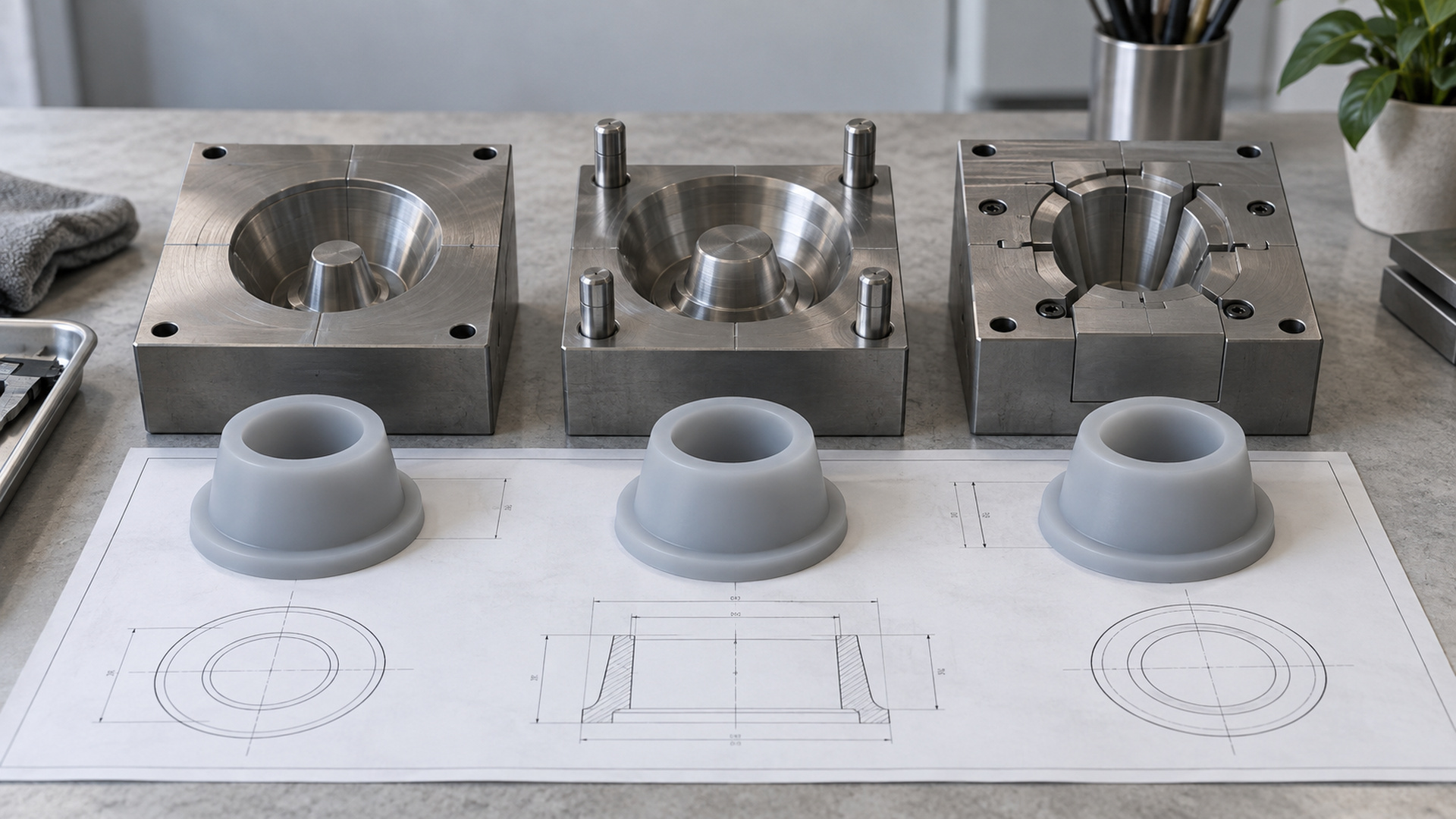 Mold insert, molded parts, material cartridge and packaging flat shown as separate cost drivers
