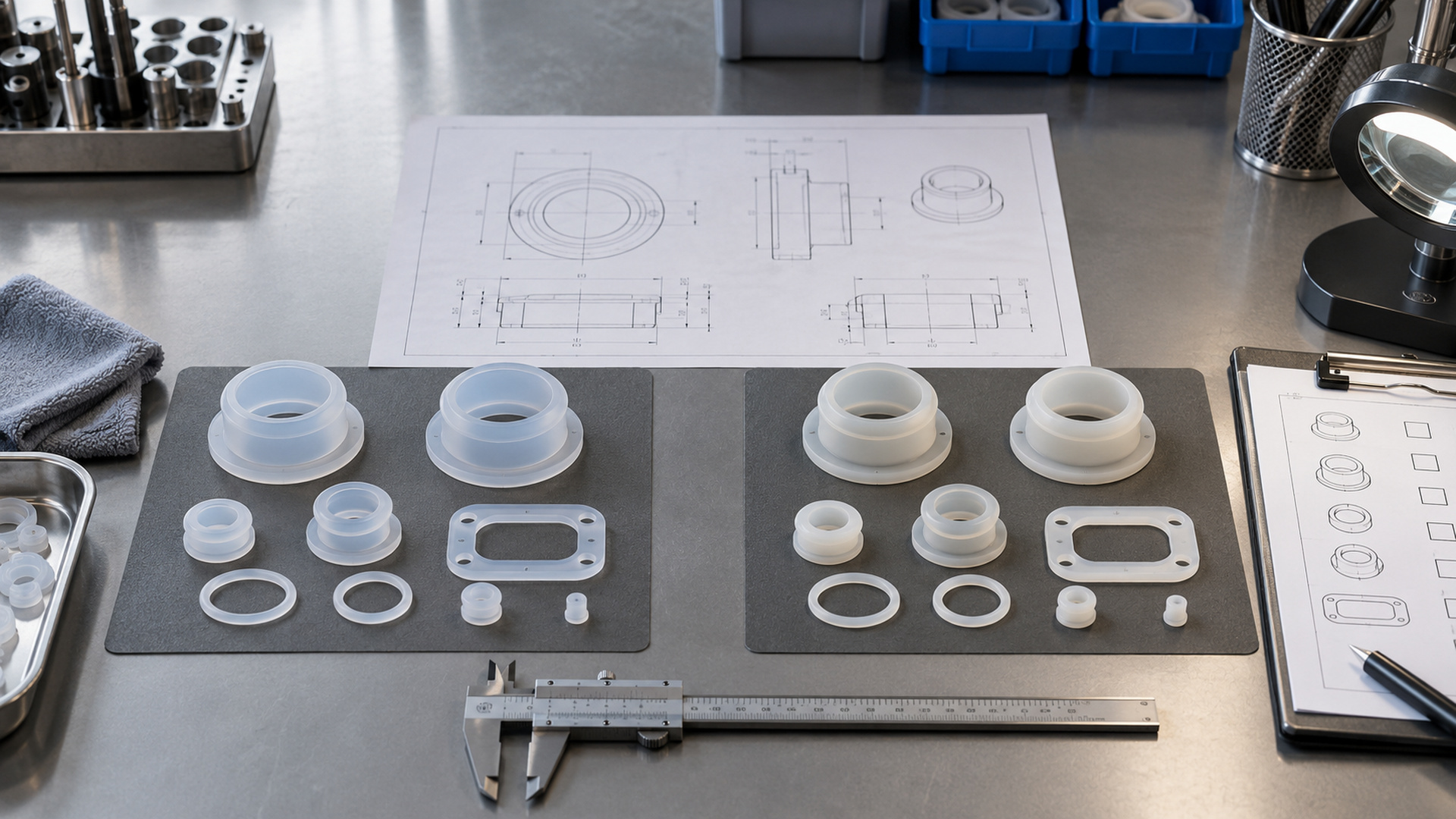 First-article trays of small moulded parts beside engineering drawings and a caliper
