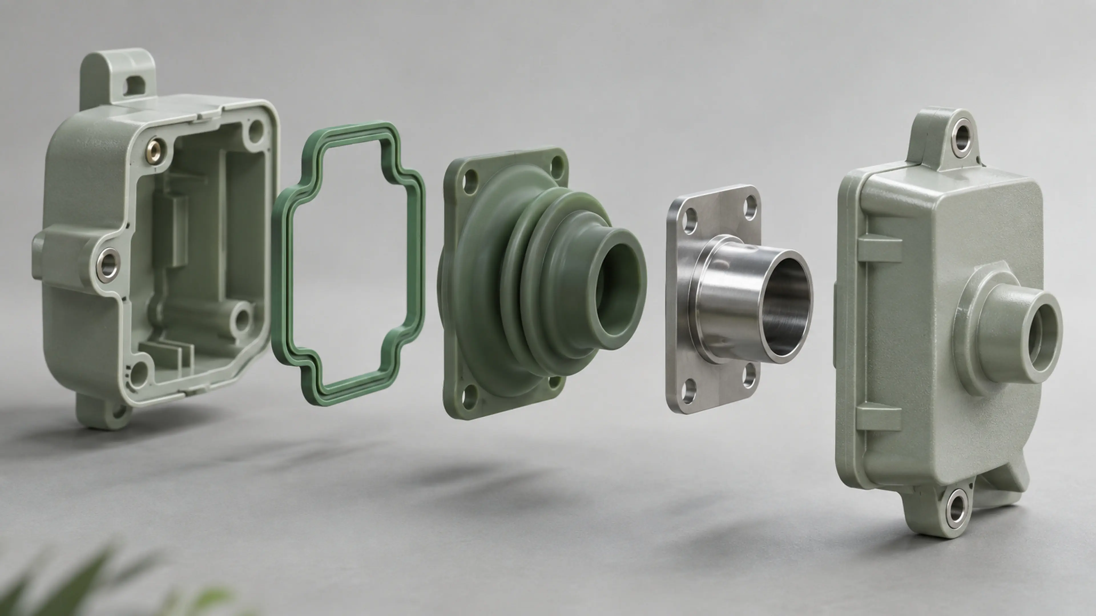 Exploded view of a silicone component with plastic housing and metal insert