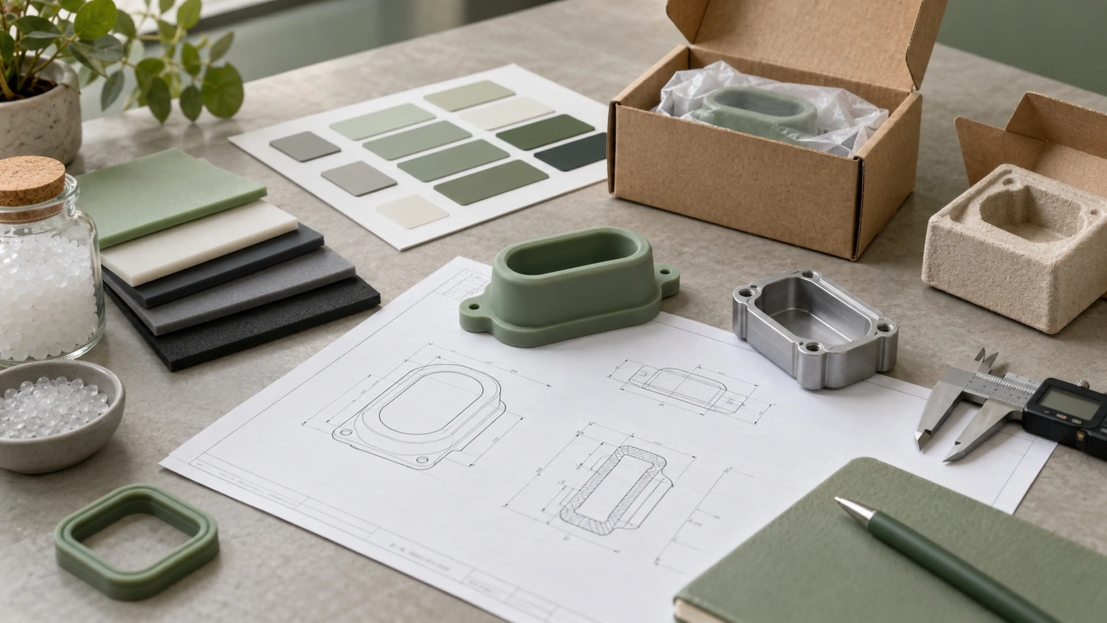 First-article silicone samples checked against an inspection drawing on a QC bench