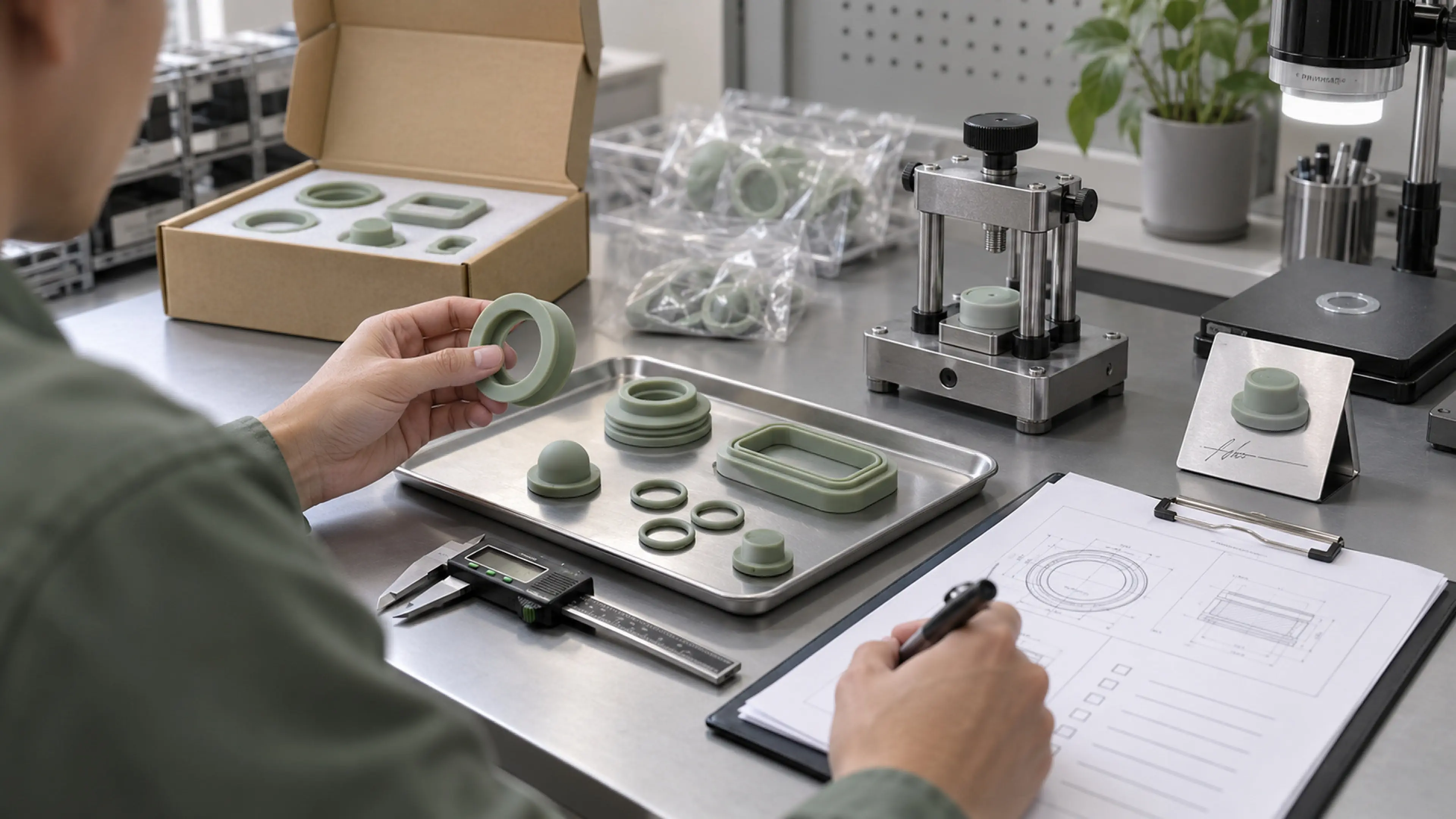First-article inspection bench with boxed silicone parts, a gasket and a checklist