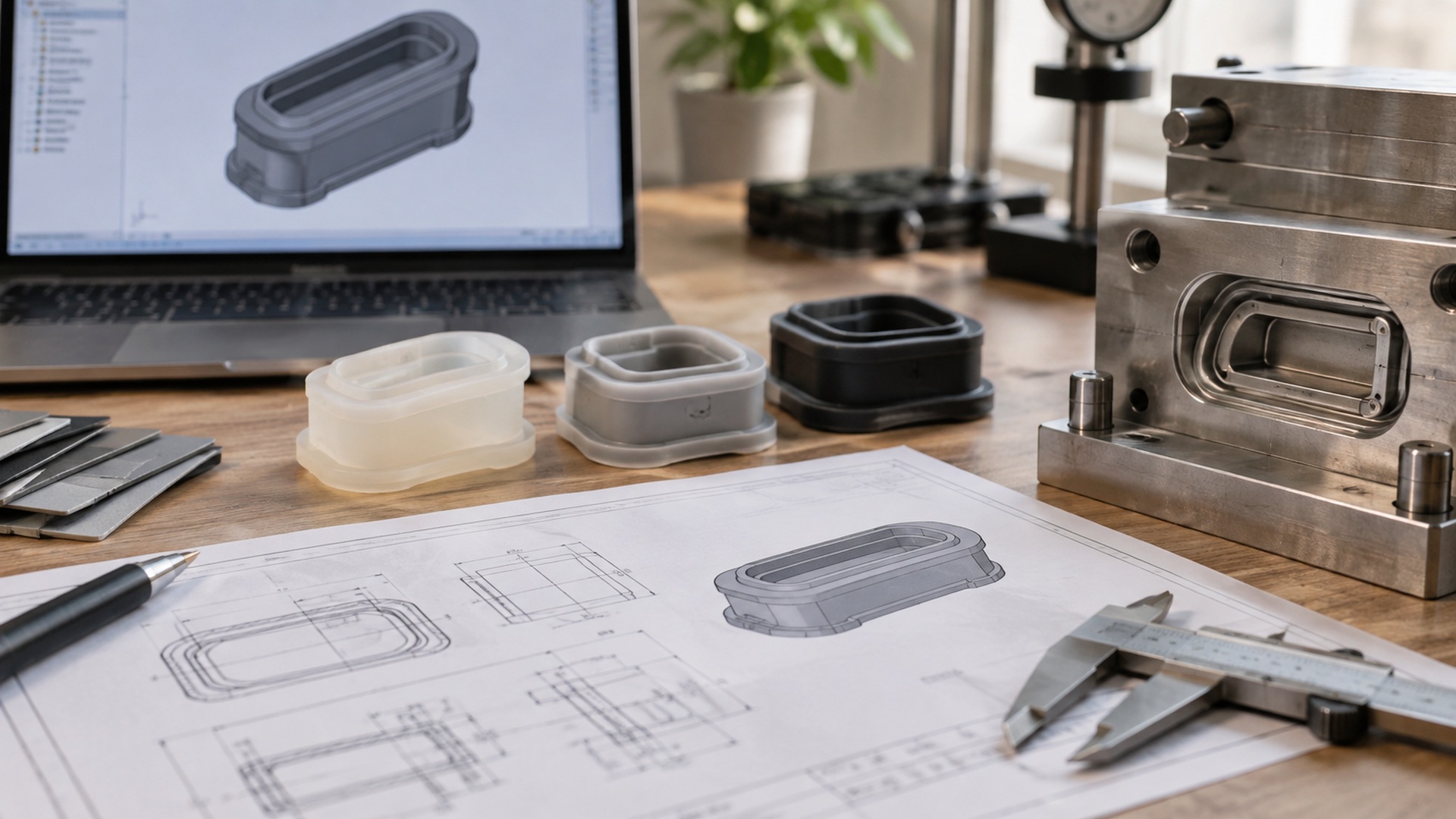 The same tray part moulded in three material colours beside a mould and calipers