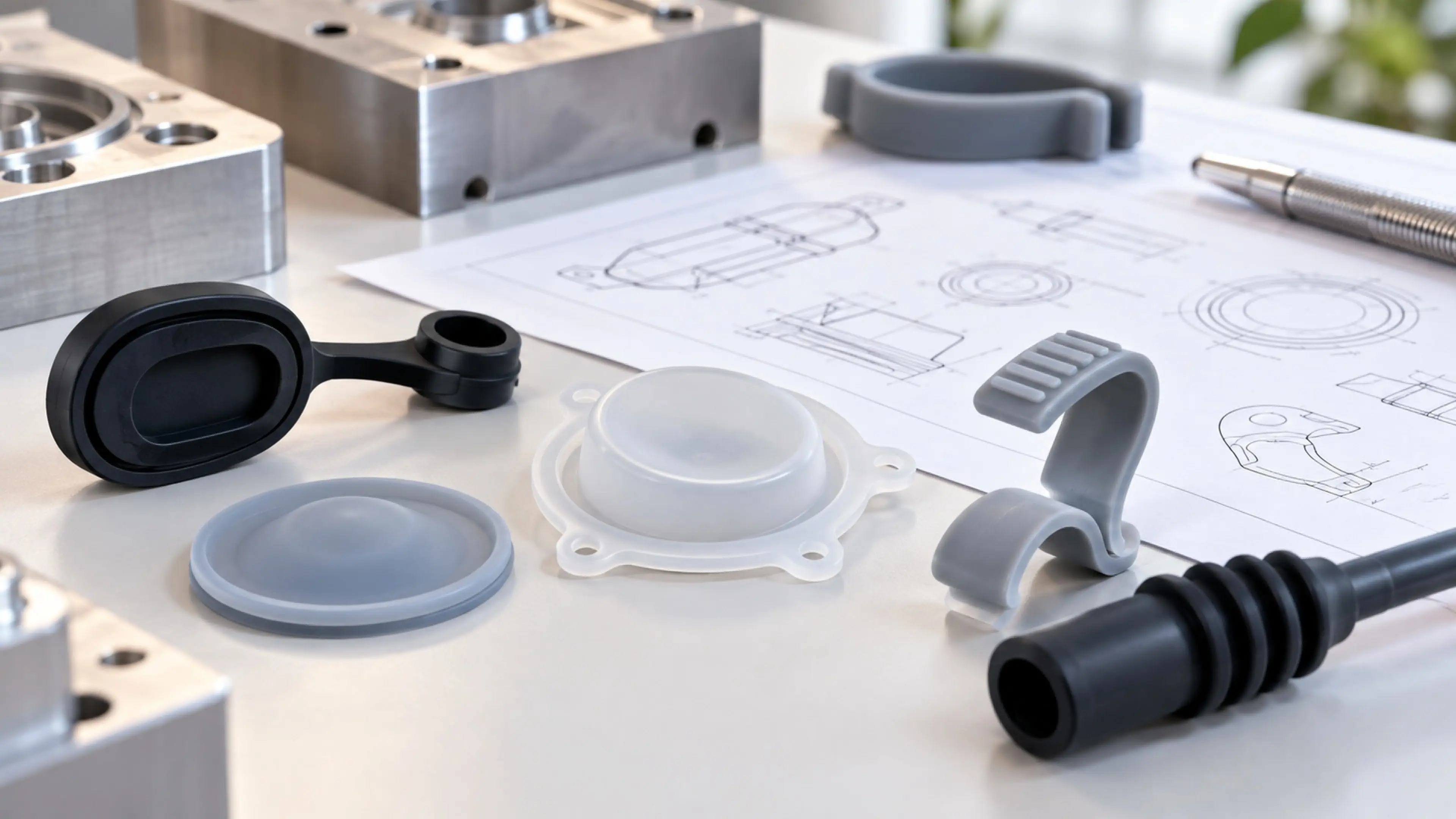 Molded silicone part inspected along its parting line beside a leak-test fixture