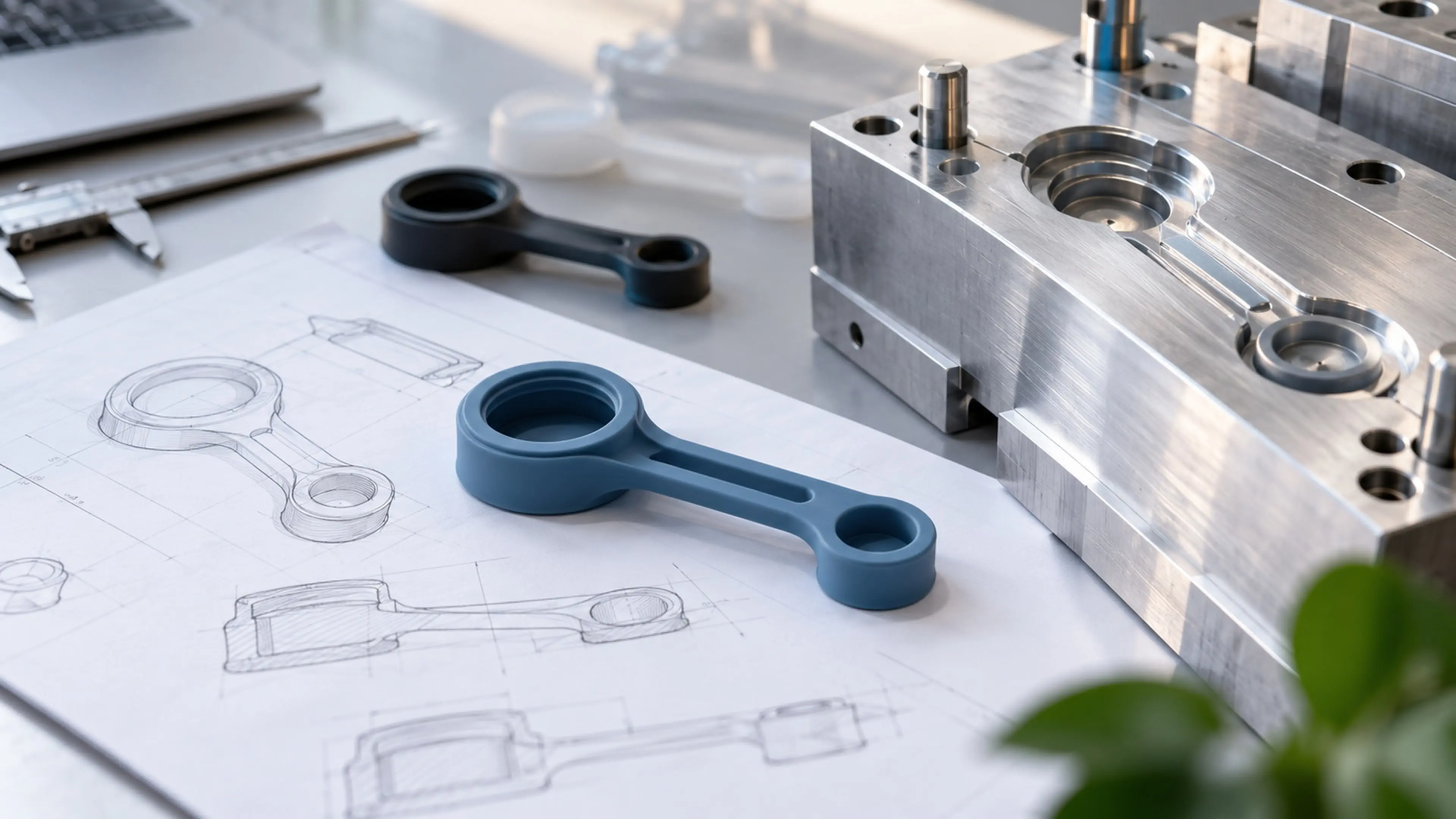 Moulded pull handle showing its parting line beside the mould and section drawings